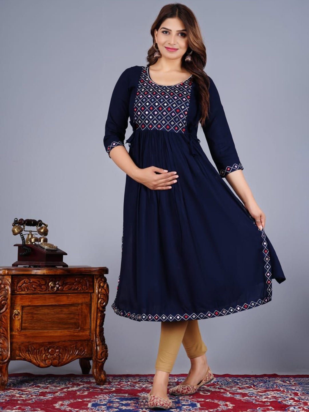 

TROPWEAR Pleated Geometric Embroidered Mirror Work Anarkali Maternity Kurta, Blue