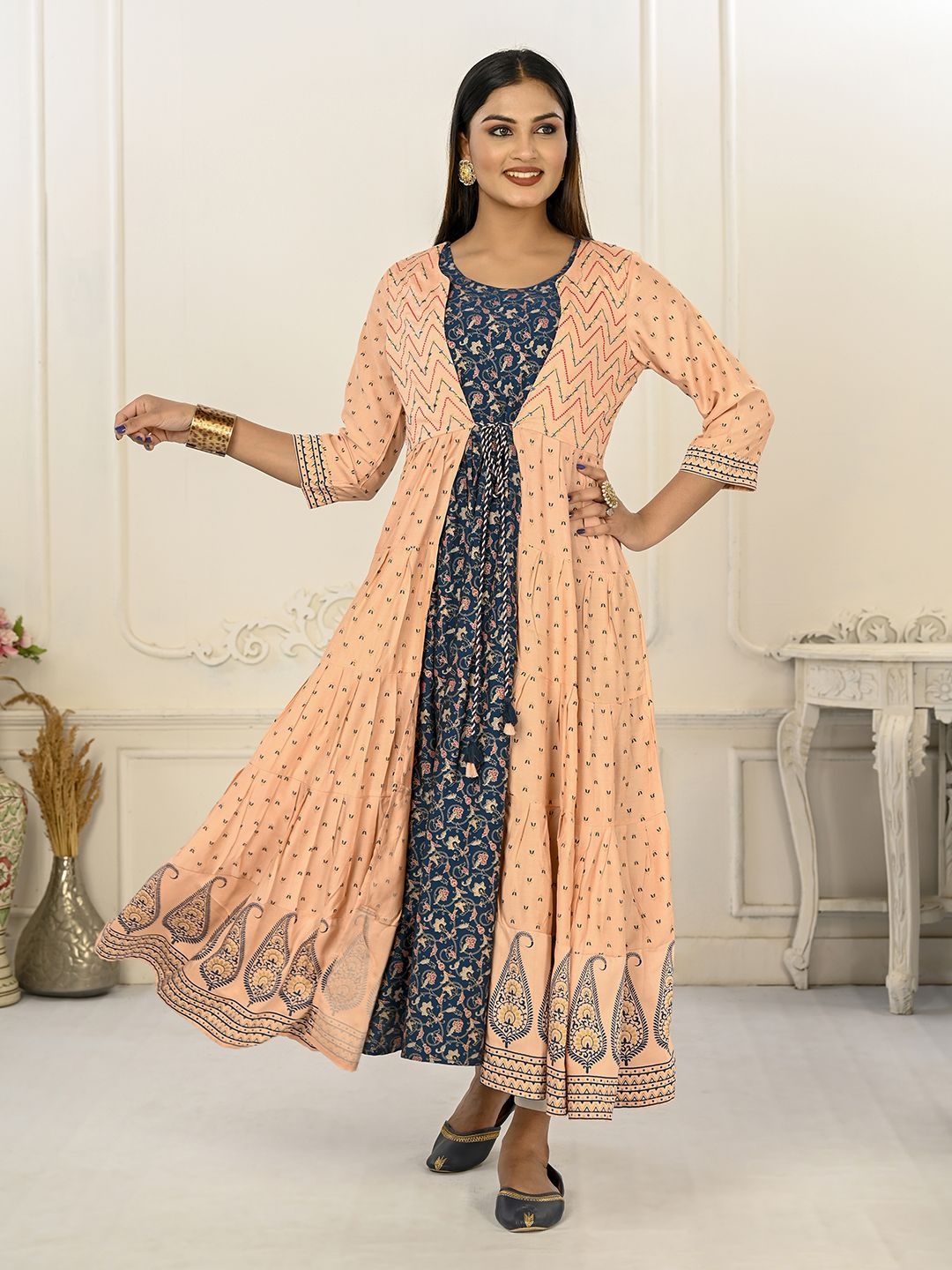 

Krimmple Floral Printed Thread Work Pure Cotton Anarkali Kurta, Peach