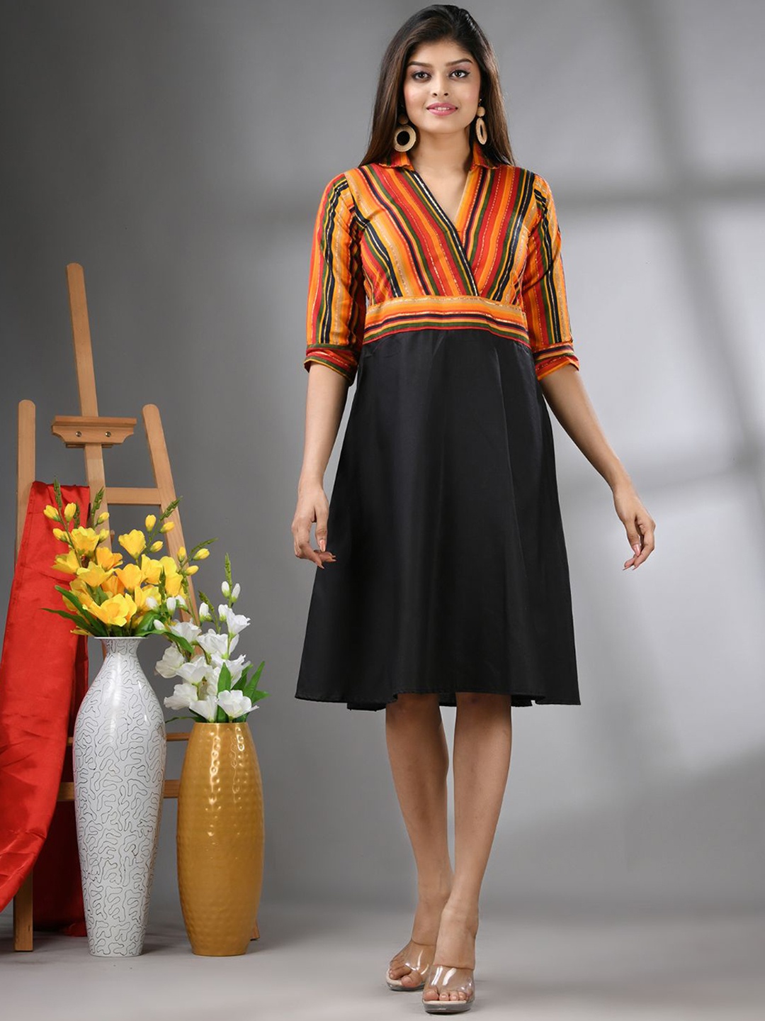 

Charukriti Striped Flared Midi Ethnic Dress, Orange