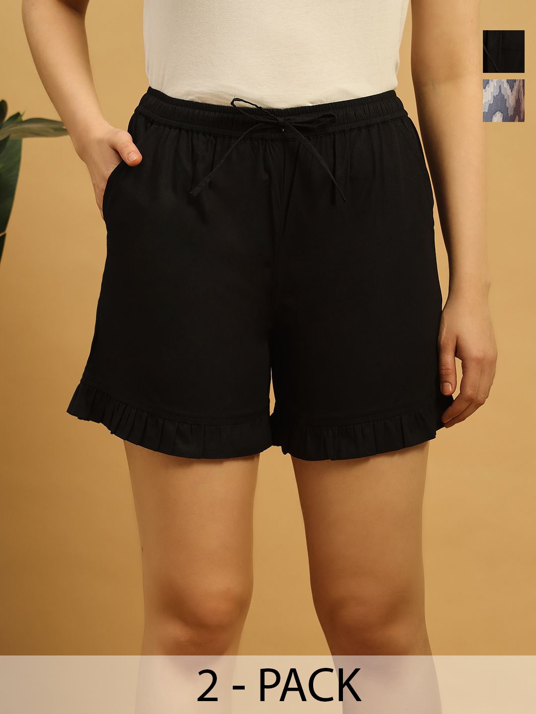 

MBeautiful Women Pack of 2 Organic Cotton Printed Lounge Shorts, Black