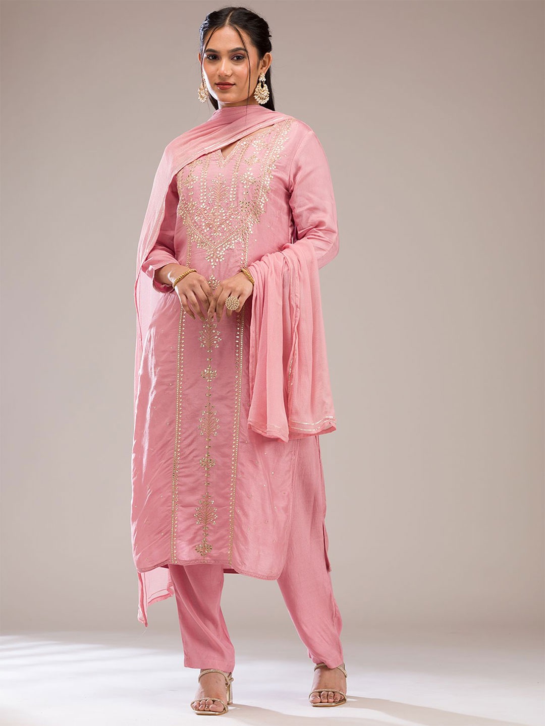 

Koskii Women Embroidered Regular Gotta Patti Kurta with Trousers & With Dupatta, Pink