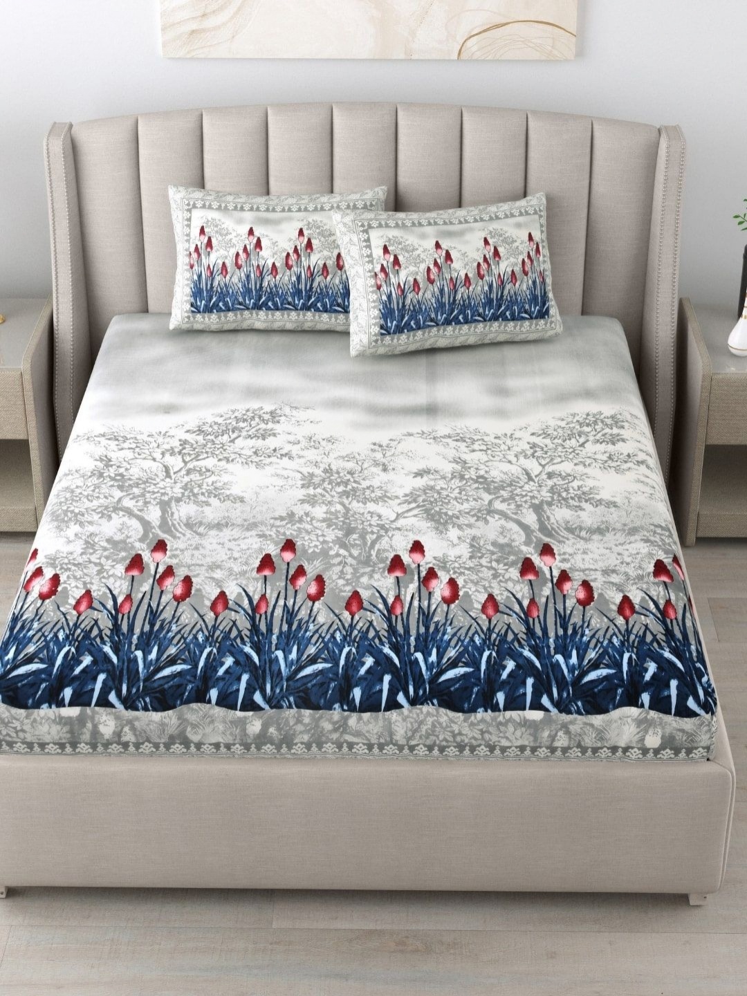 

JAIPUR FABRIC Blue 180 TC King Bedsheet with 2 Pillow Covers, Grey