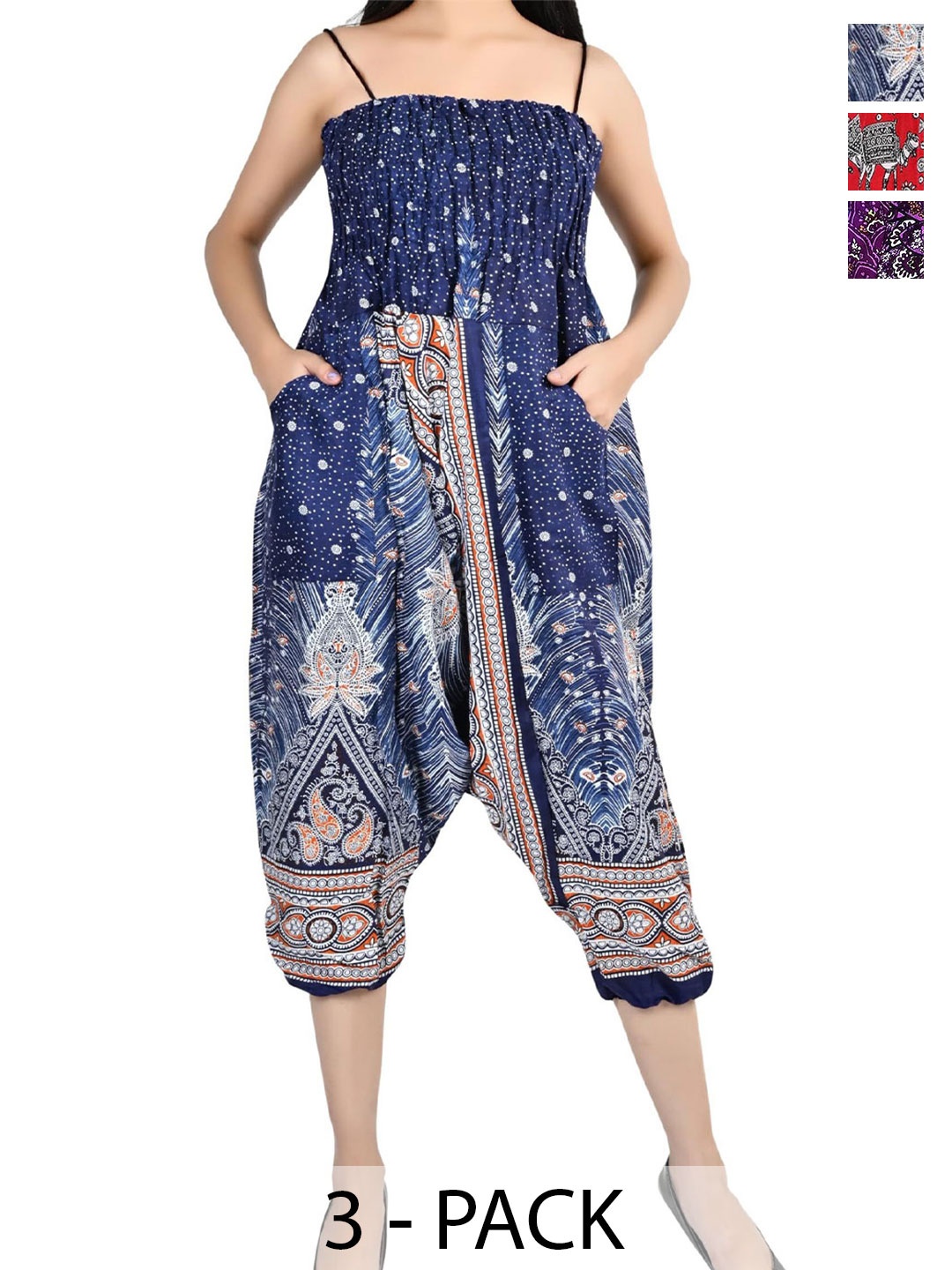 

NarNari Pack Of 3 Printed Mid-Rise Harem Pants, Blue
