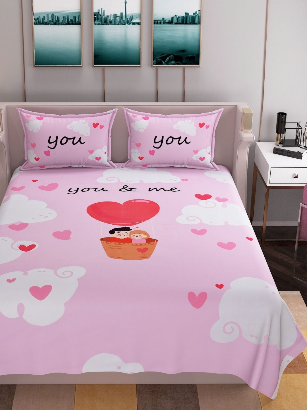 

BELVOSTUM Pink & White 250 TC King Bedsheet with 2 Pillow Covers