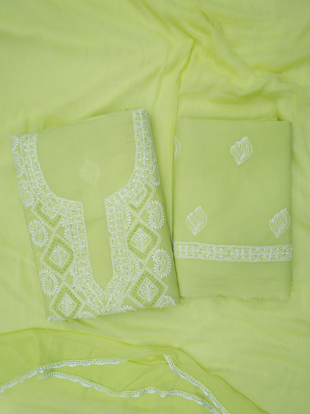 

PARAMOUNT CHIKAN Floral Embroidered Chikankari Cotton Blend Unstitched Dress Material, Yellow