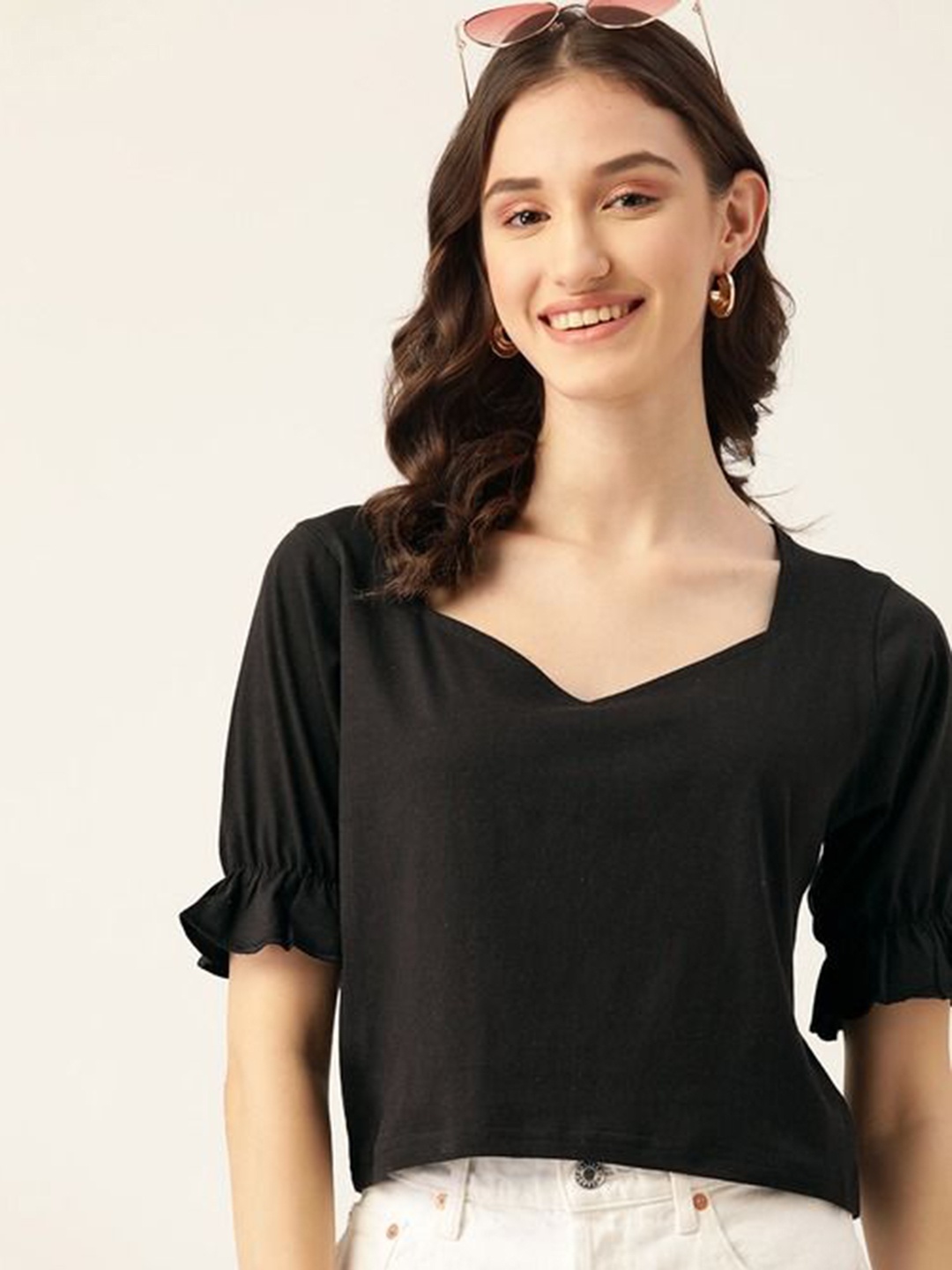 

DressBerry Sweetheart Neck Bell Sleeve Cotton Top, Black