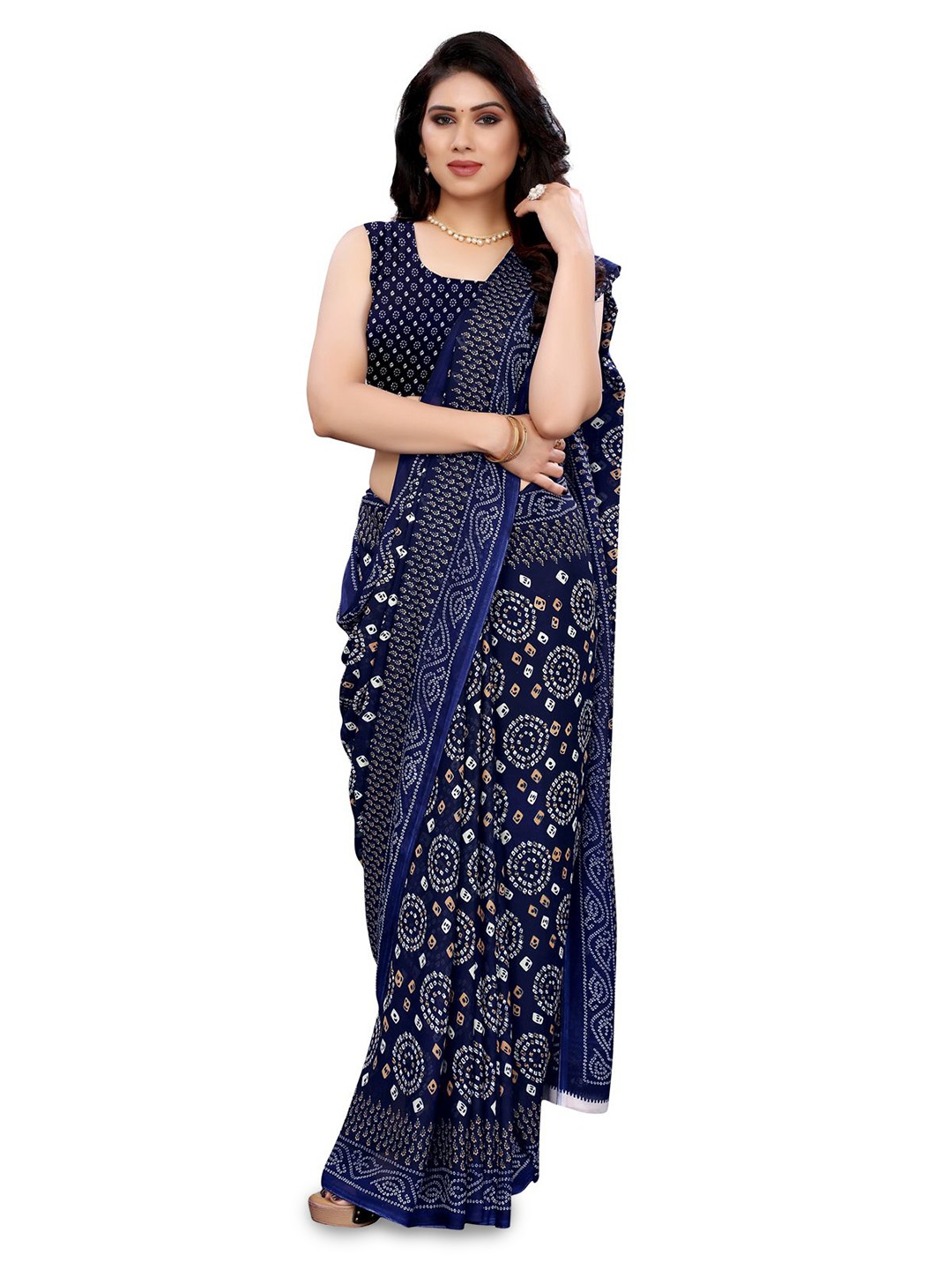 

HERE&NOW Bandhani Poly Georgette Saree, Navy blue