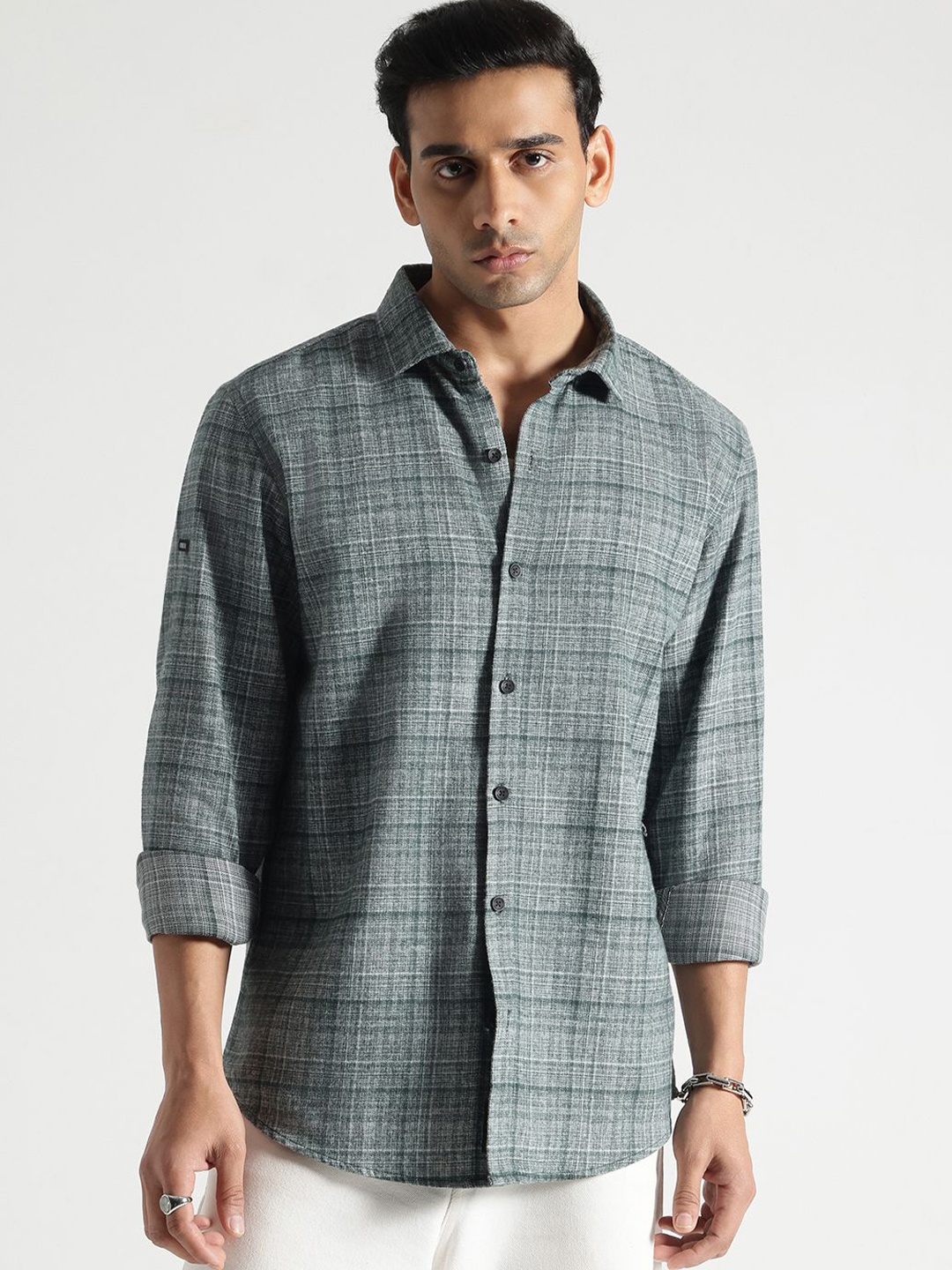 

Code 61 Men Standard Slim Fit Shepherd Checks Opaque Checked Casual Shirt, Green