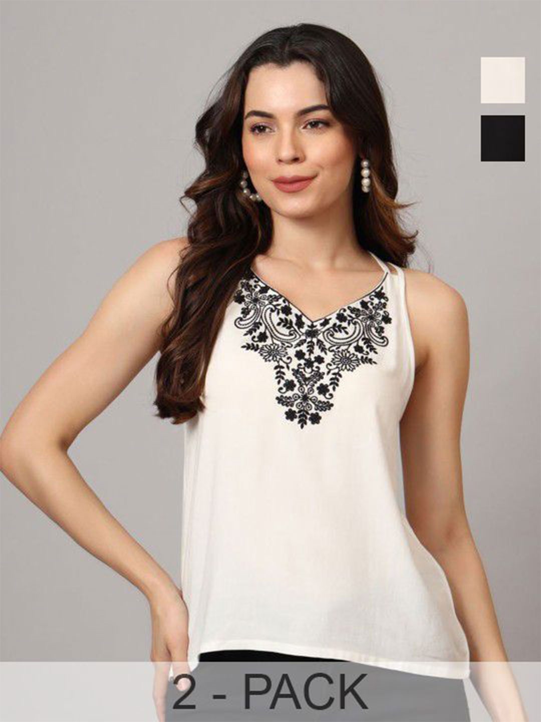 

Anouk Rustic Women Pack Of 2 V-Neck Embroidered Top, White