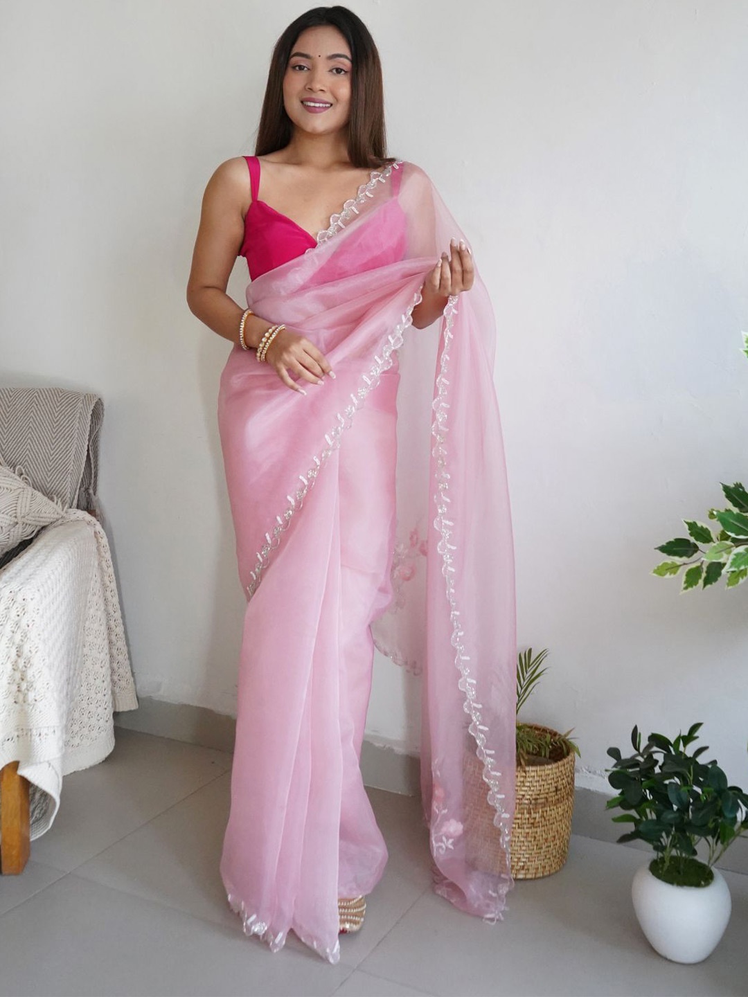 

ODETTE Embroidered Organza Saree, Pink