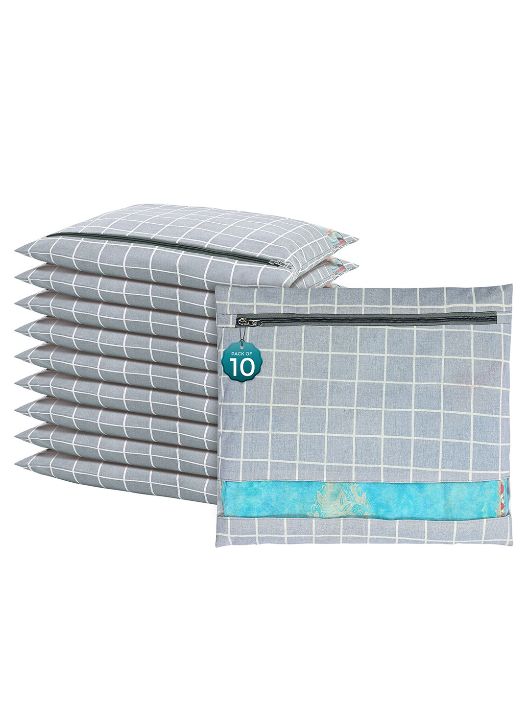 

Kuber Industries Grey & White 10 Pieces Checked Mesh Cotton Saree Covers Organizers