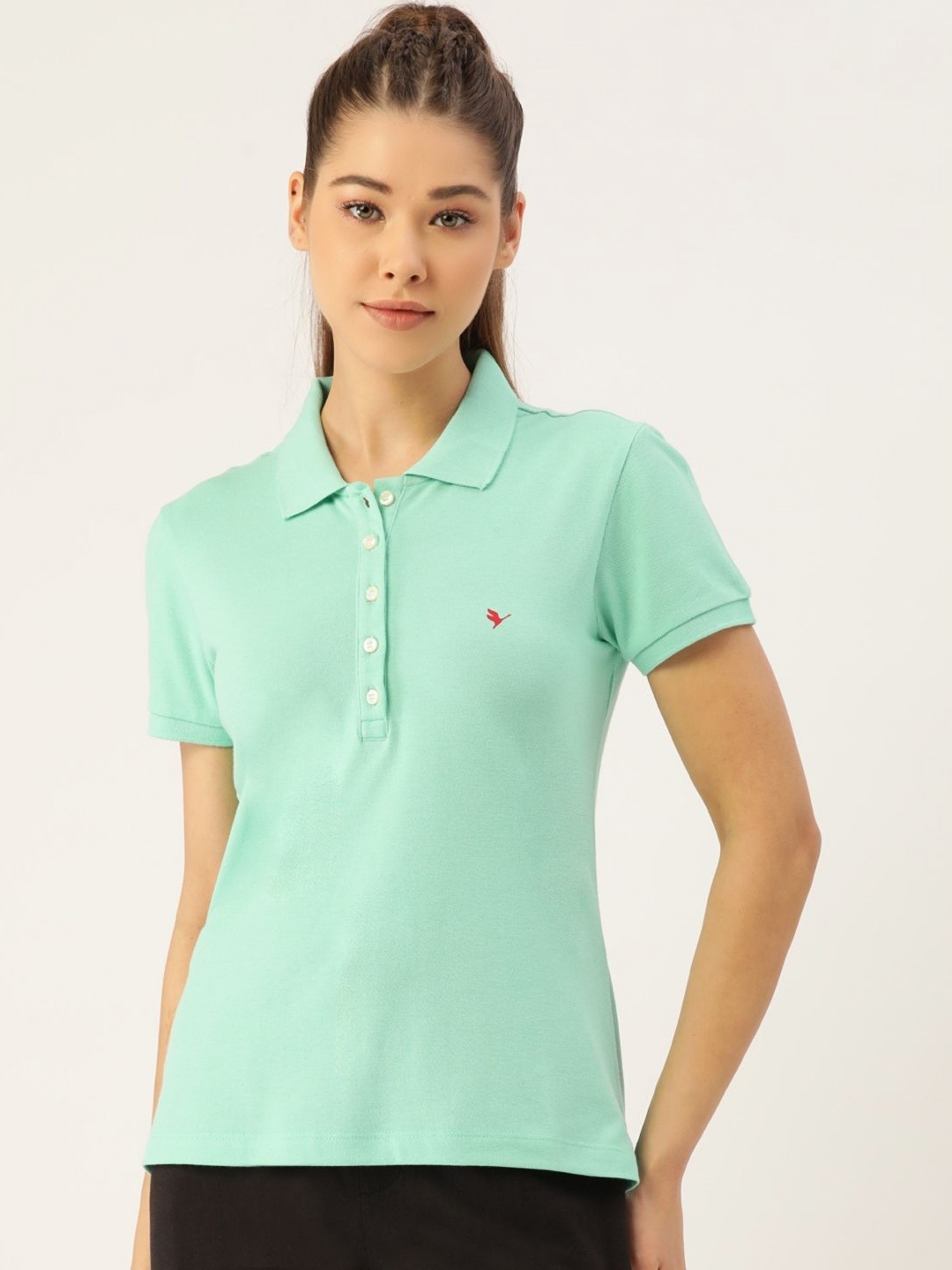 

AMSWAN Women Solid Polo Collar Cotton T-shirt, Turquoise blue