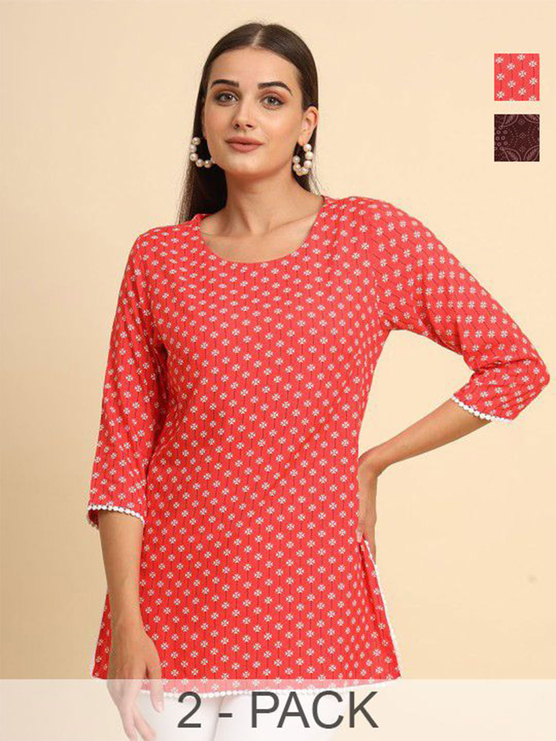 

Anouk Rustic Women Pack of 2 Printed Gotta Patti Pure Cotton Gotta Patti Kurti, Orange