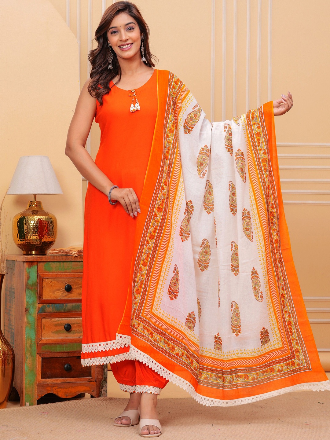 

NYPA Round Neck Sleeveless Straight Kurta With Salwar & Dupatta, Orange