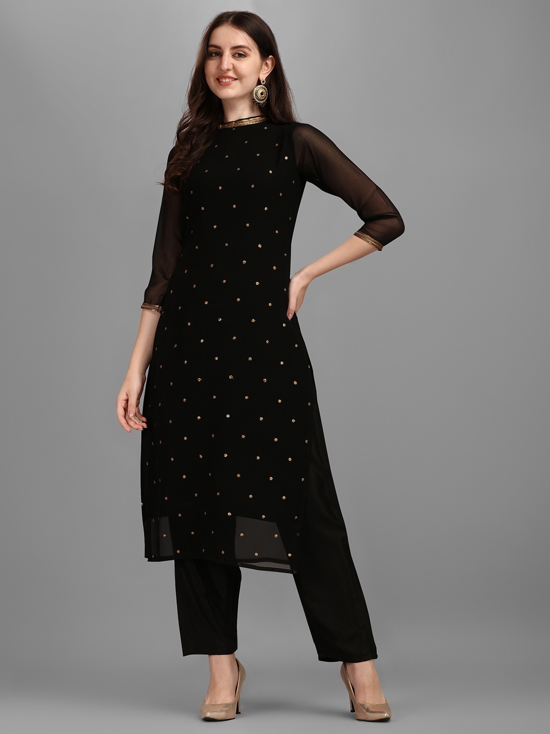 

Fourleaf Women Embroidered Regular Sequinned Kurta with Trousers, Black