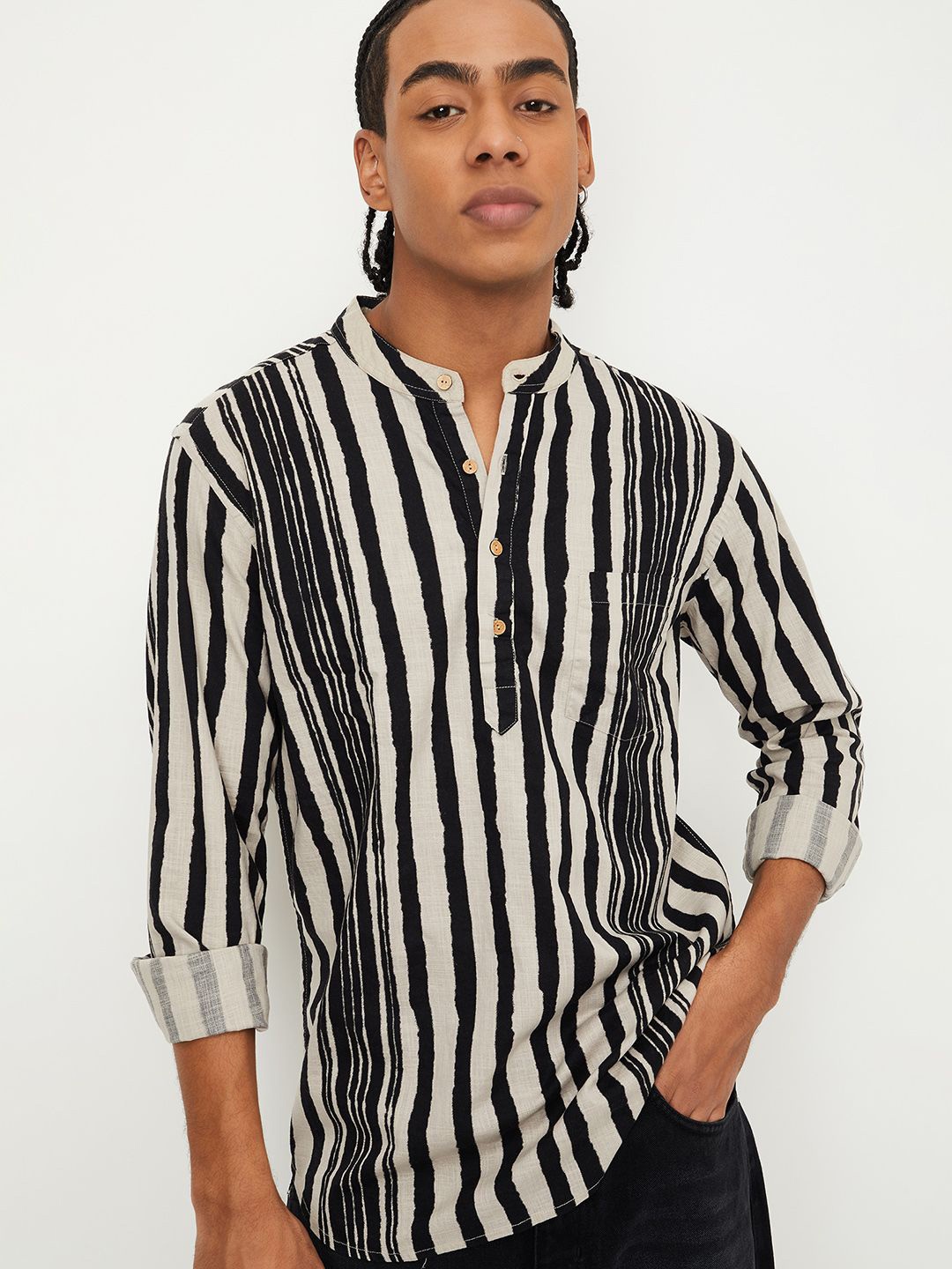 

max Striped Mandarin Collar Pure Cotton Straight Kurta, Black