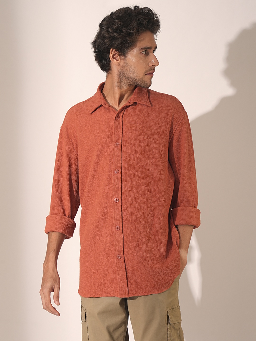 

SELECTED Men Spread Collar Textured Casual Shirt, Rust