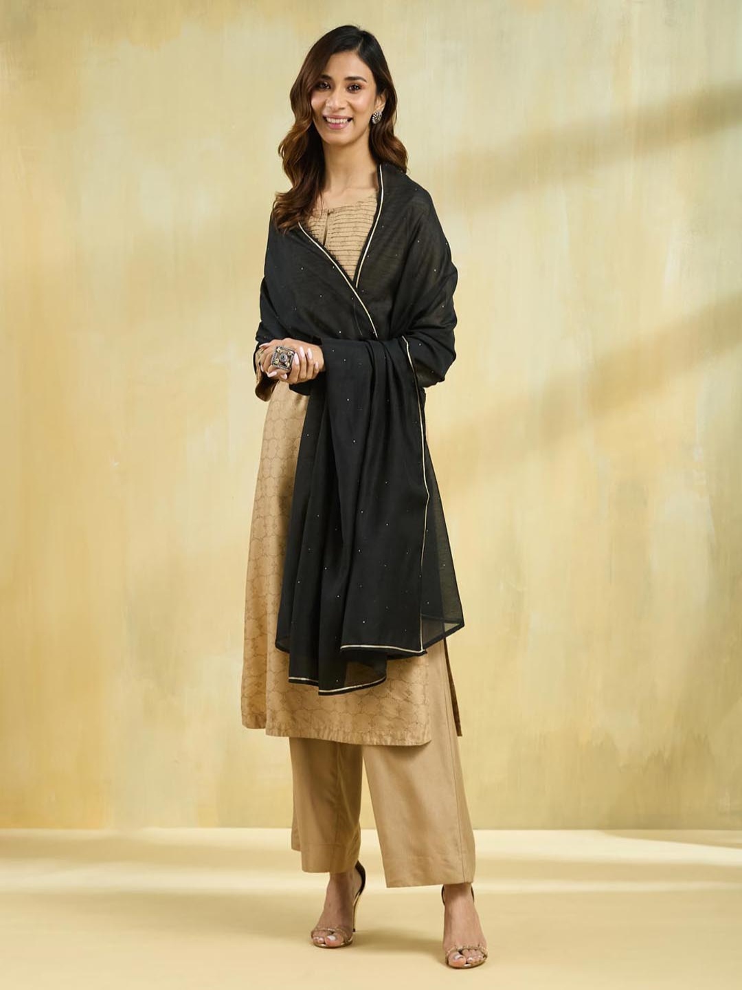 

Fabindia Embroidered Cotton Silk Dupatta With Sequinned, Black