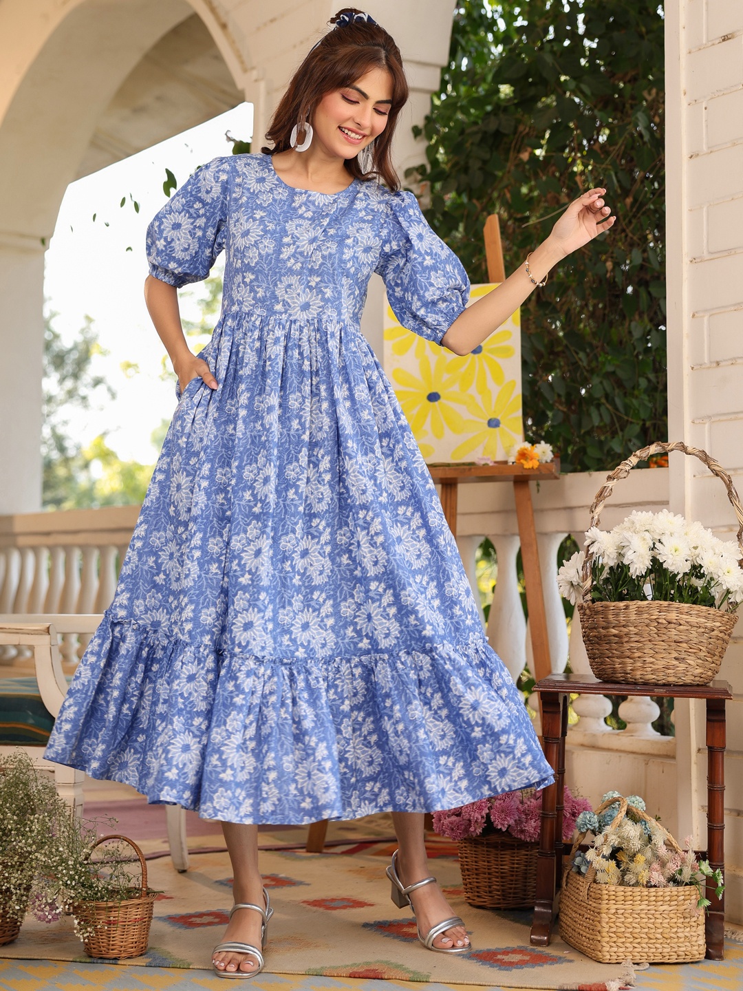 

Janasya Women Blue Pure Cotton Floral Printed Tiered Dress