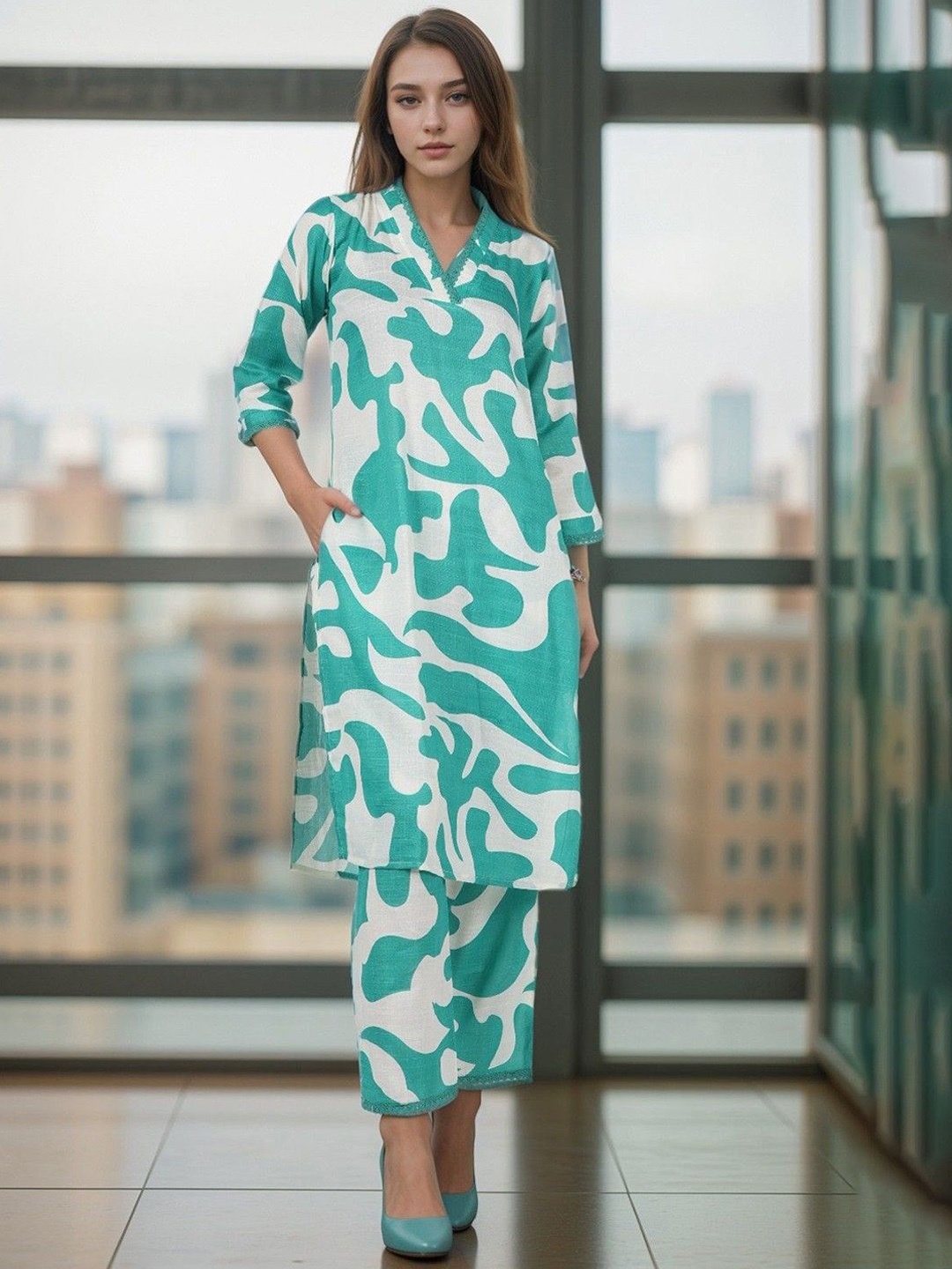 

BAESD Abstract Printed V Neck Straight Kurta With Trousers, Green