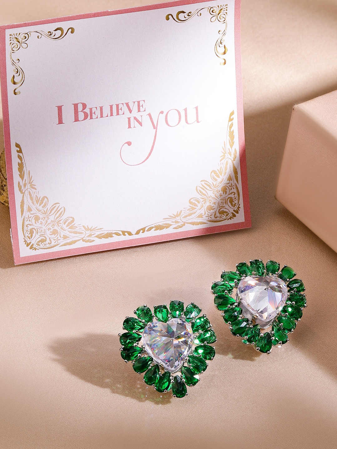 

Rubans Valentine's Rhodium Plated Emerald Stone Studded Heart Shaped Studs, Green