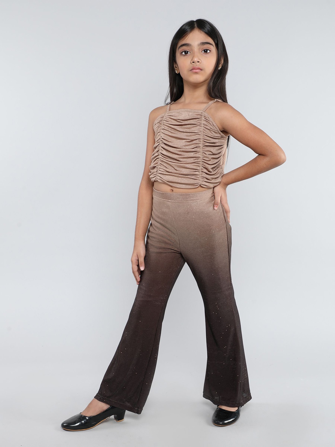 

taffykids Girls Embellished Shoulder Straps Top With Trouser, Tan