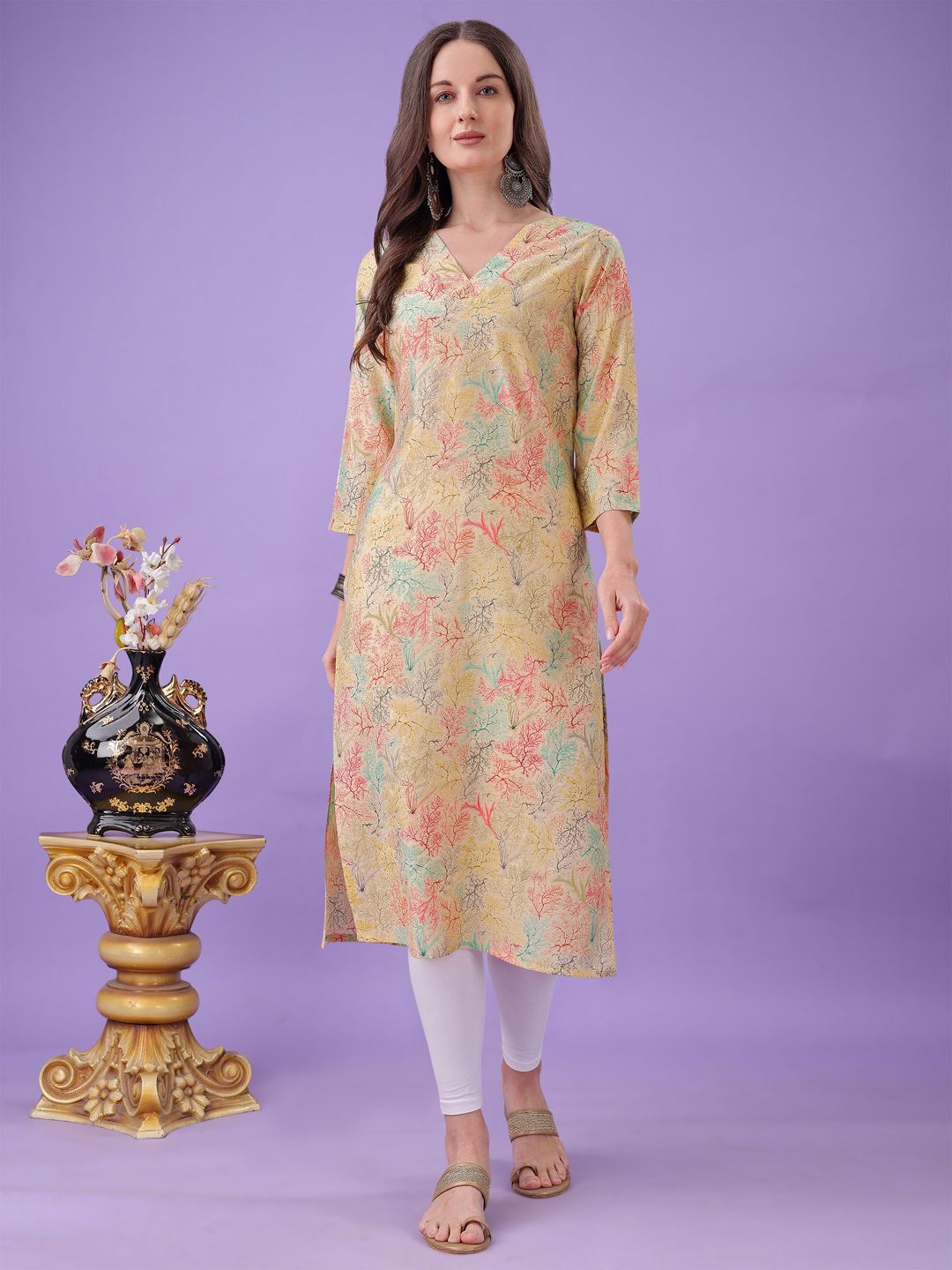 

Tikhi Imli Floral Printed V-Neck Straight Kurta, Yellow