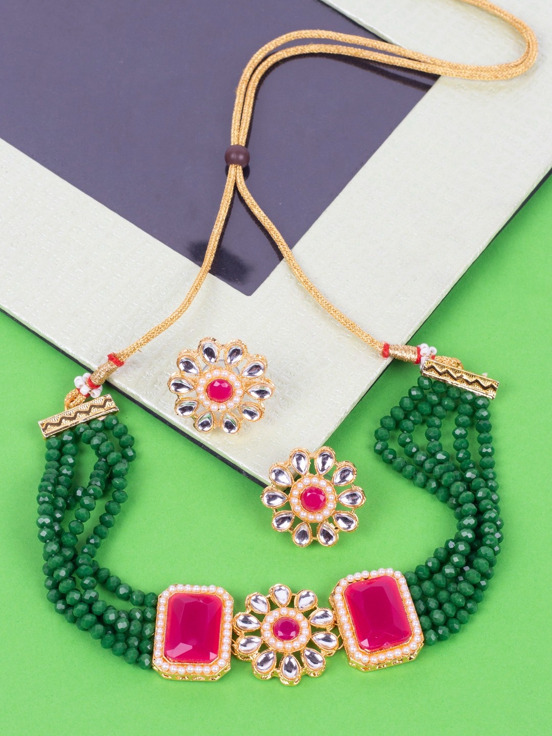 

Anouk Gold-Plated And Green Kundan Studded And Beaded Choker Necklace And Earrings