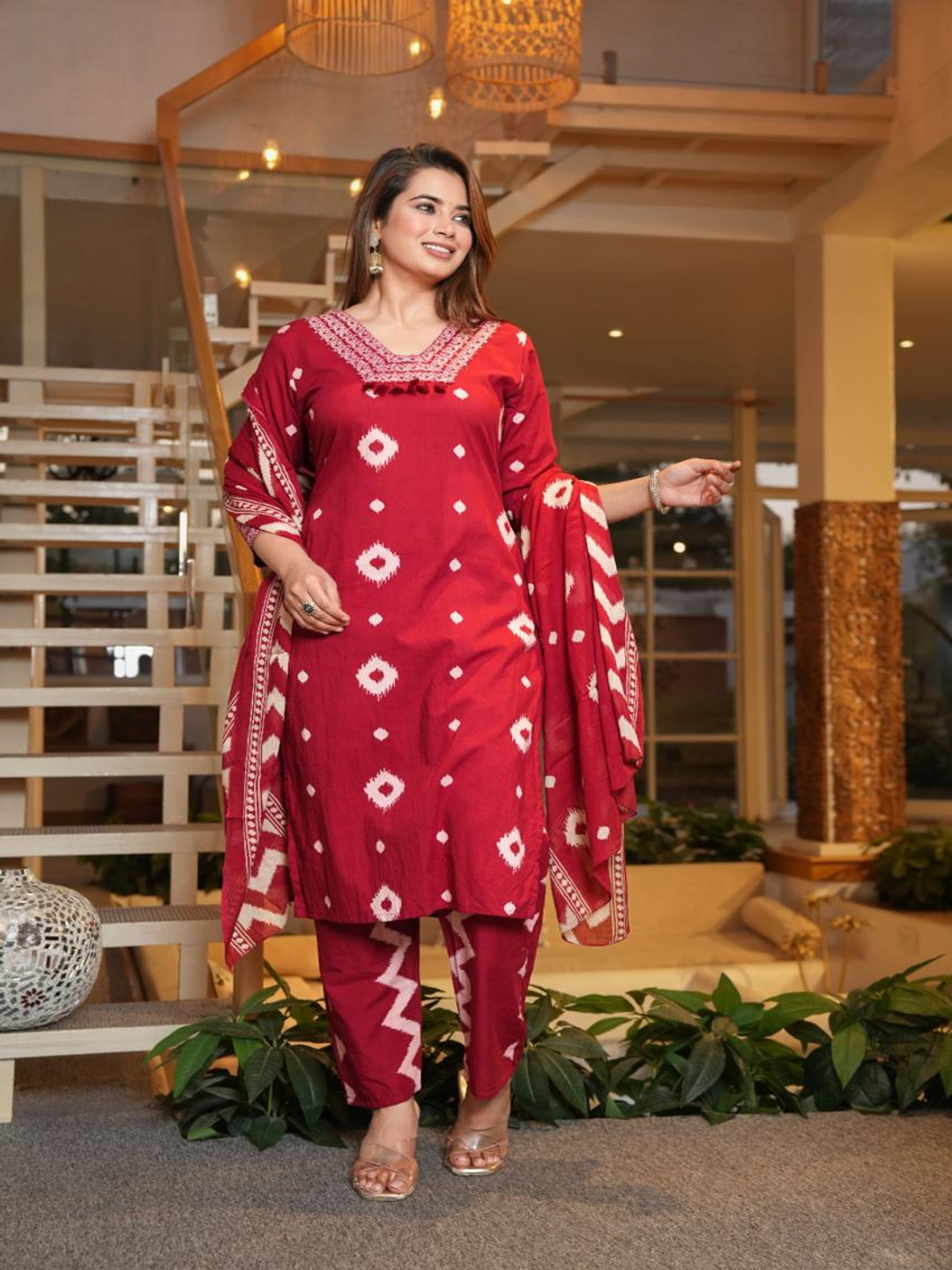 

DARVIKAA COLLECTION Geometric Printed Pure Cotton Straight Kurta With Trousers And Dupatta, Red