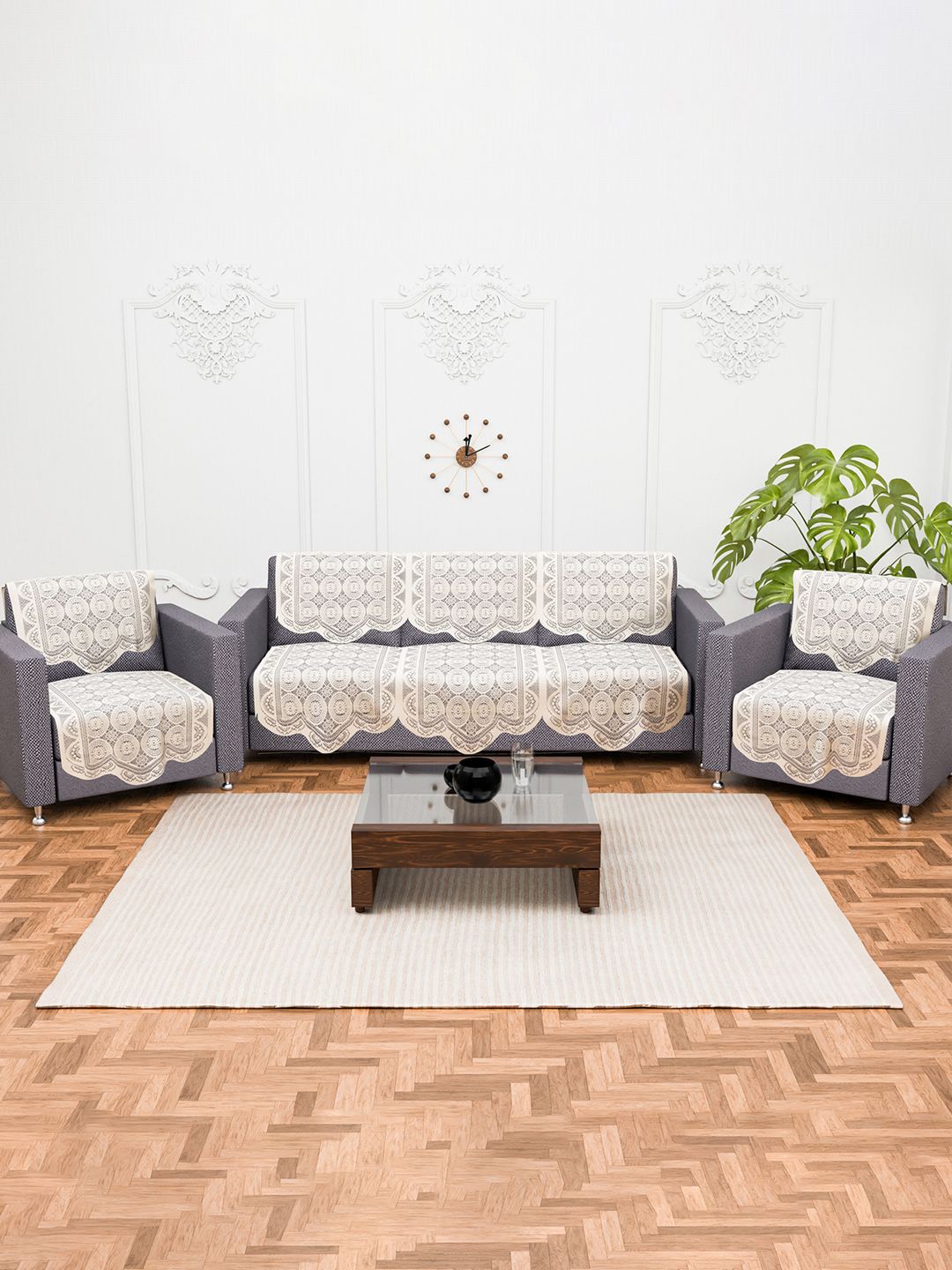 

Kuber Industries Off White 10 Pieces 5 Seater Self Design Cotton Sofa Covers