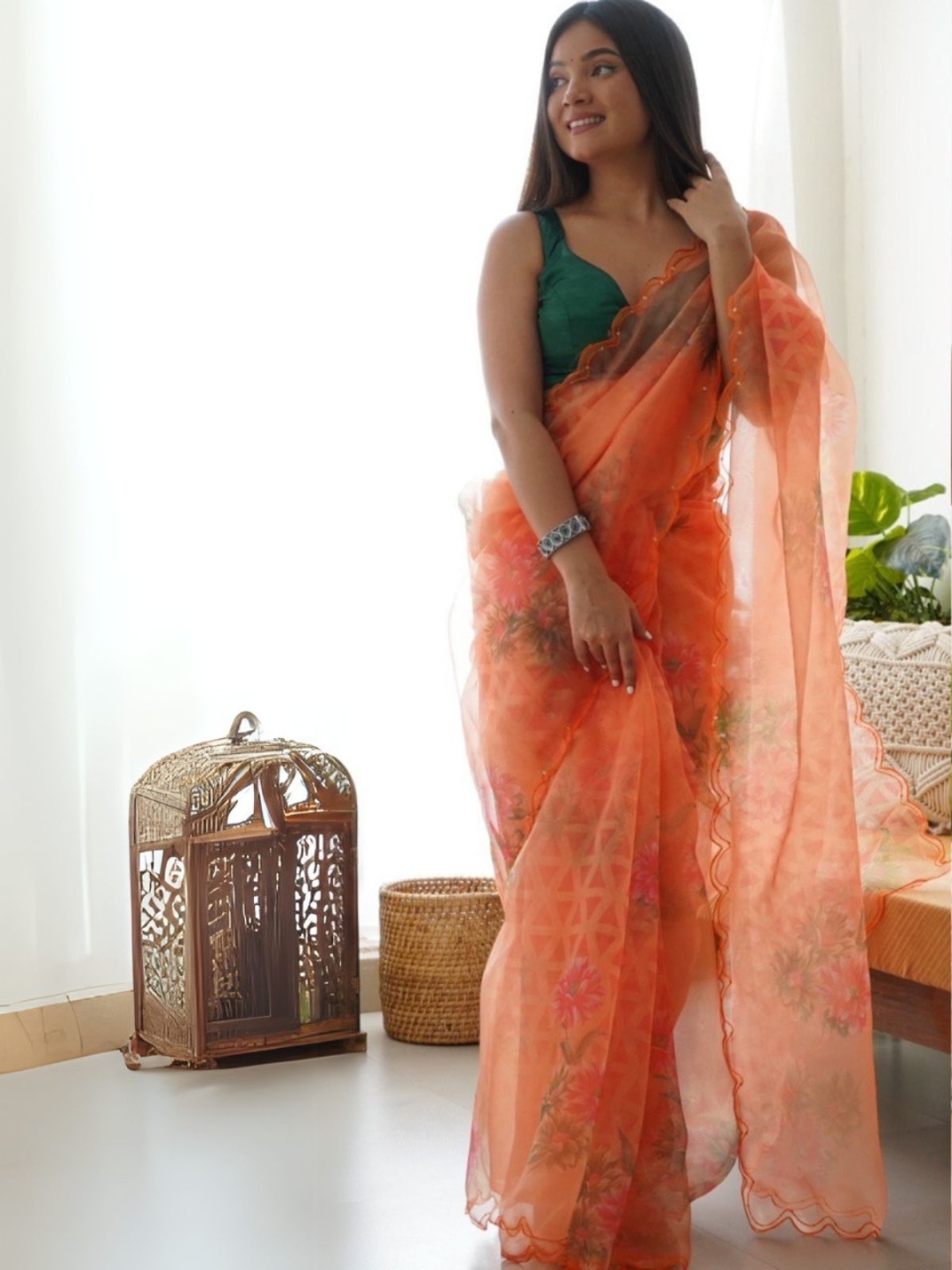 

ODETTE Sequinned Organza Saree, Orange