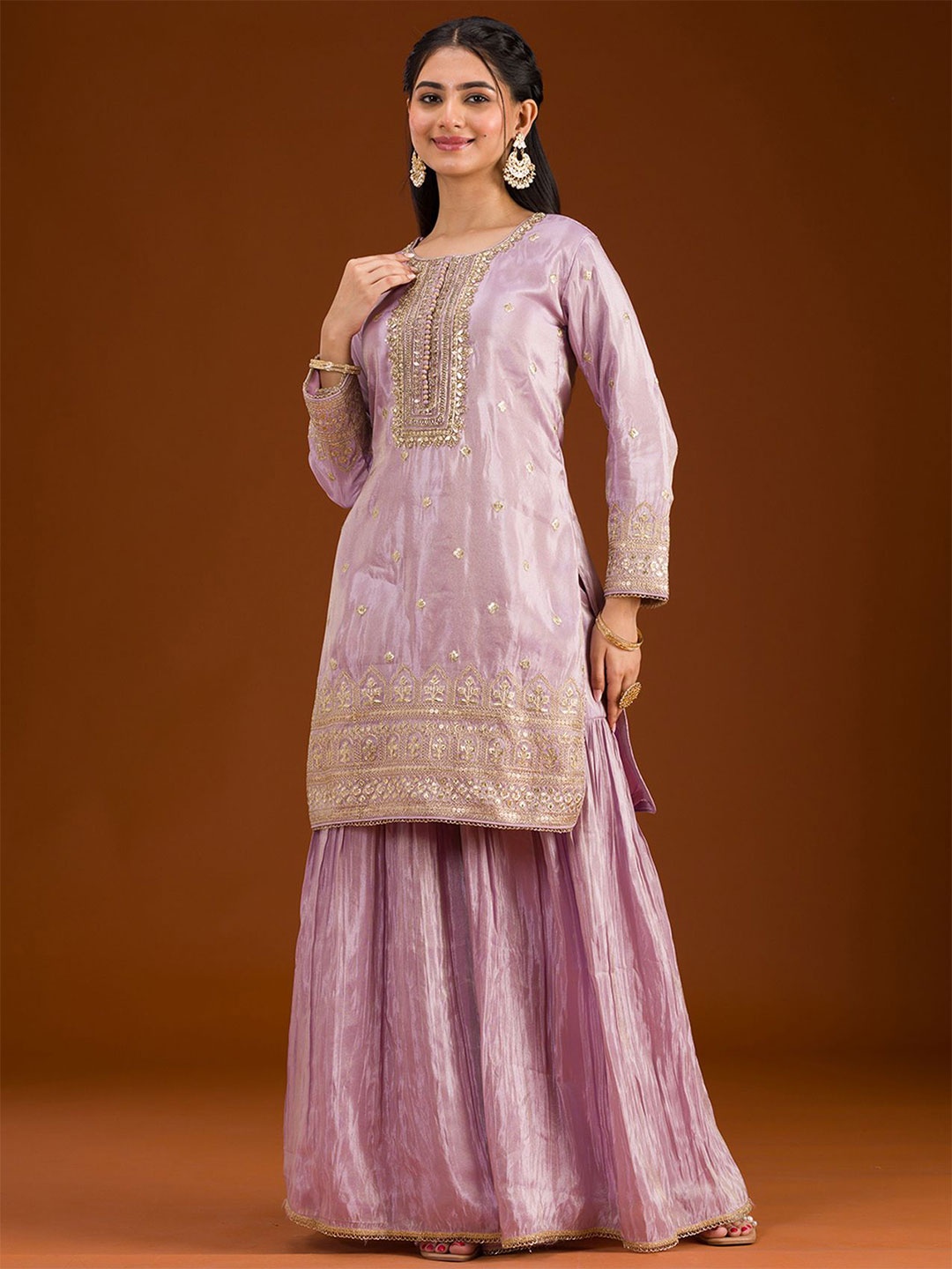 

Koskii Women Floral Embroidered Regular Zardozi Kurta with Palazzos & With Dupatta, Lavender