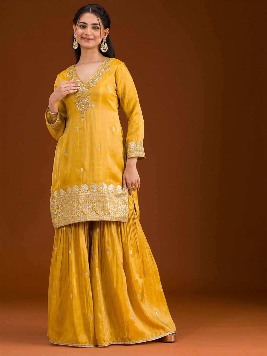 

Koskii Women Floral Embroidered Regular Gotta Patti Kurta with Sharara & With Dupatta, Mustard