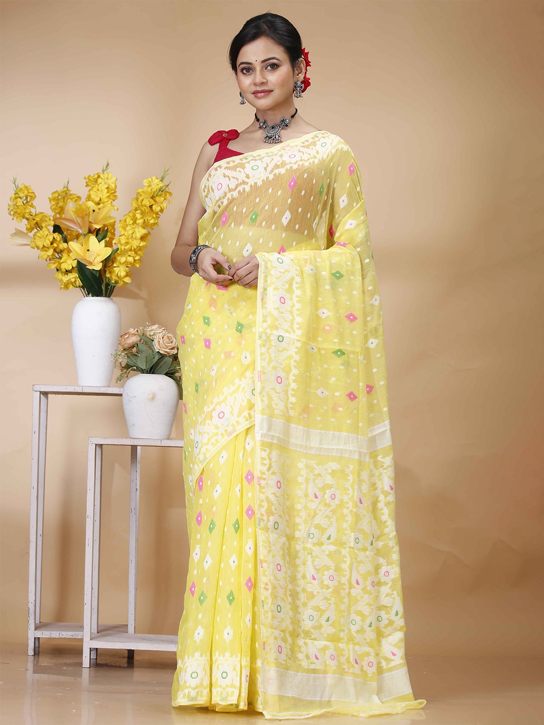 

SRILOK Woven Design Pure Cotton Fusion Jamdani Saree, Yellow