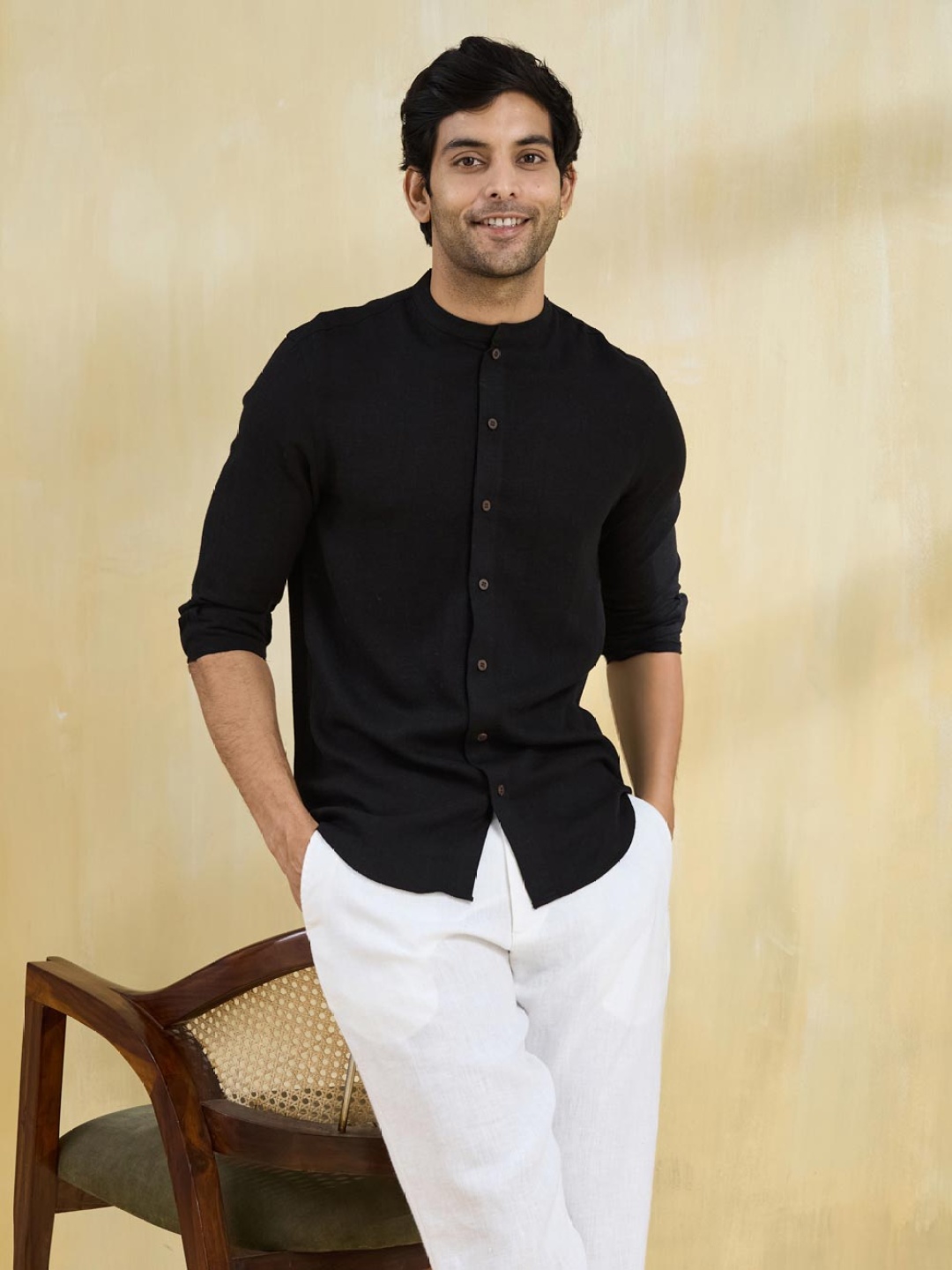 

Fabindia Men Slim Fit Band Collar Solid Linen Casual Shirt, Black