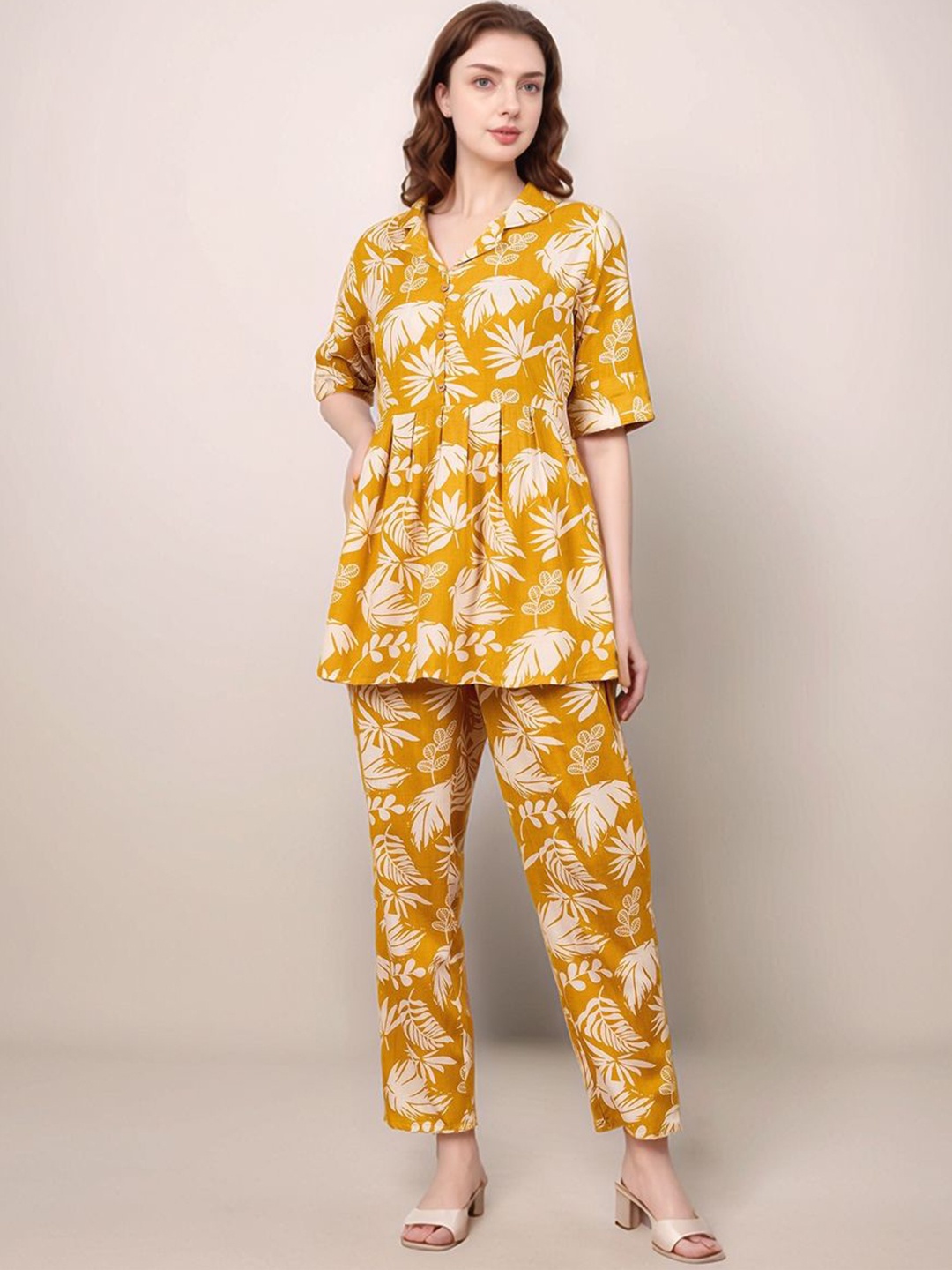 

ANEKYA Floral Printed Lapel Collar Pure Cotton Tunic With Trouser, Mustard