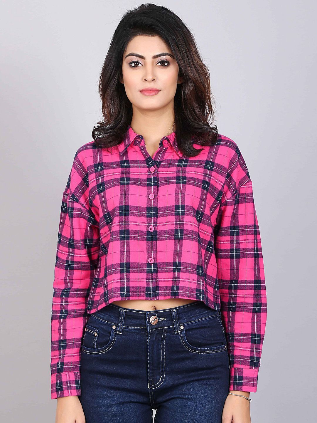 

DressBerry Women Classic Boxy Fit Spread Collar Tartan Checked Cotton Casual Shirt, Pink