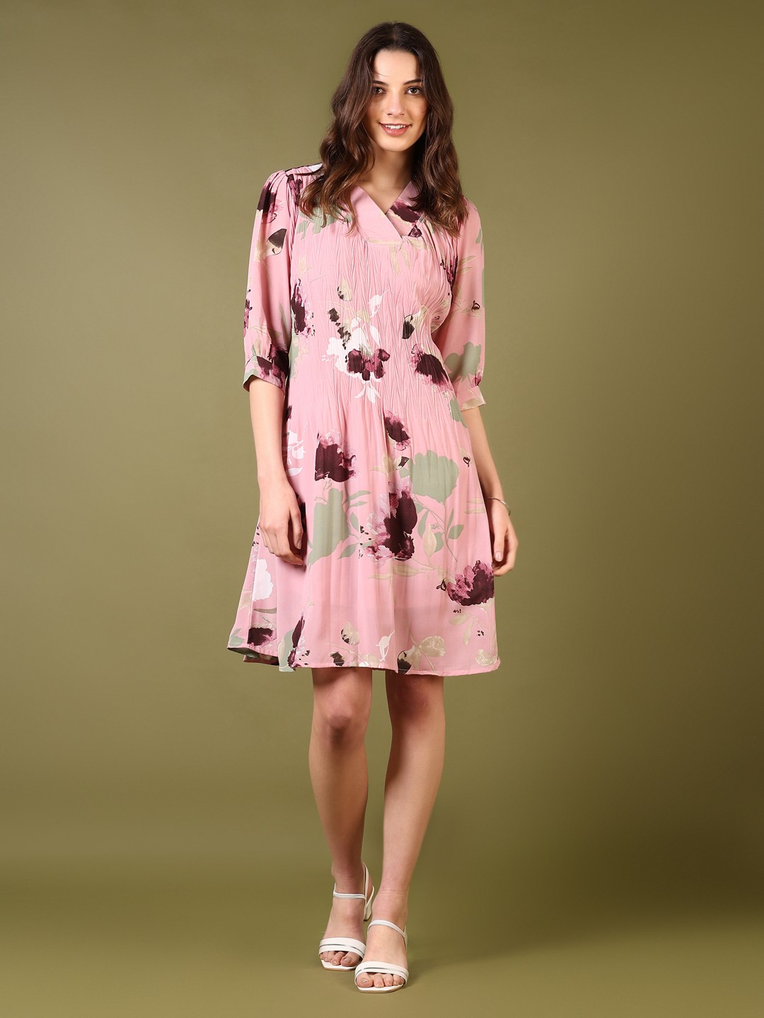 

V-Mart V Neck Printed Georgette Midi Dress, Pink