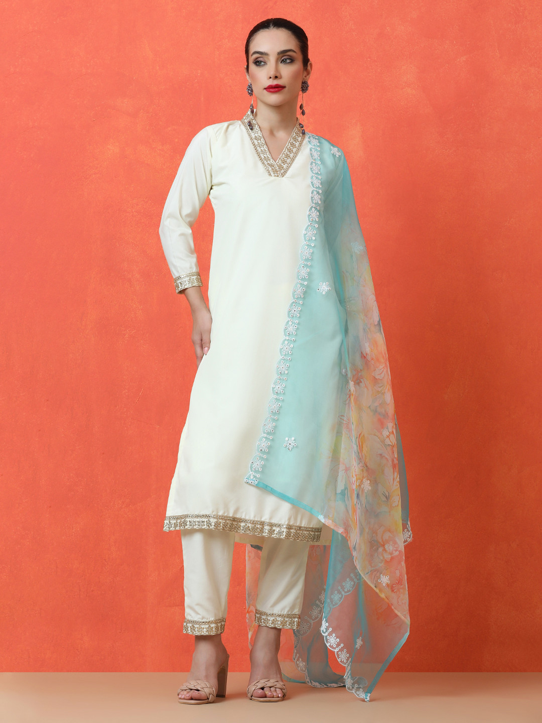 

Jaipur Kurti Embroidered V-Neck Straight Kurta with Trousers And Dupatta, White
