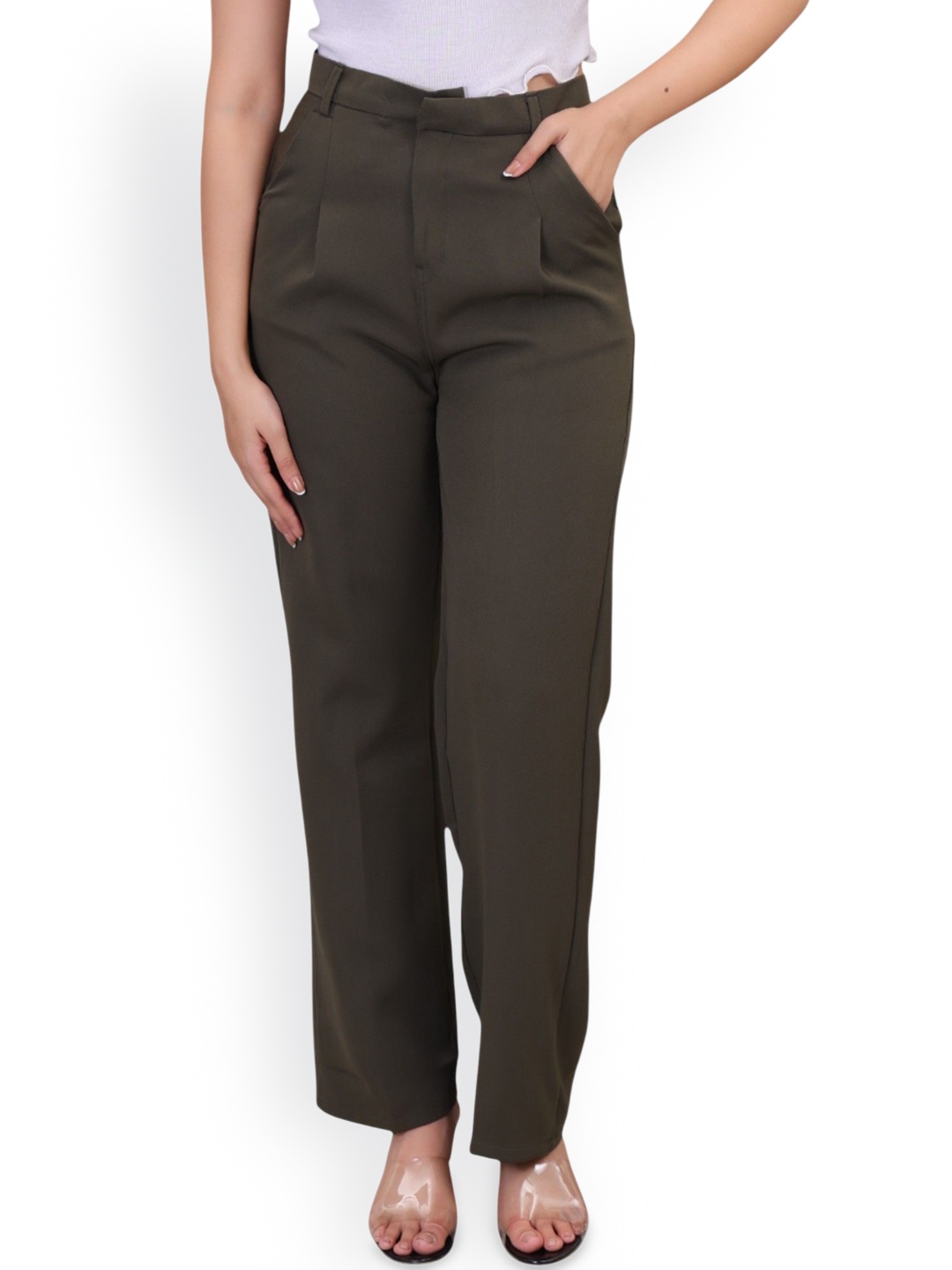 

RIVI Women Relaxed Straight Leg High-Rise Easy Wash Pleated Trousers, Brown
