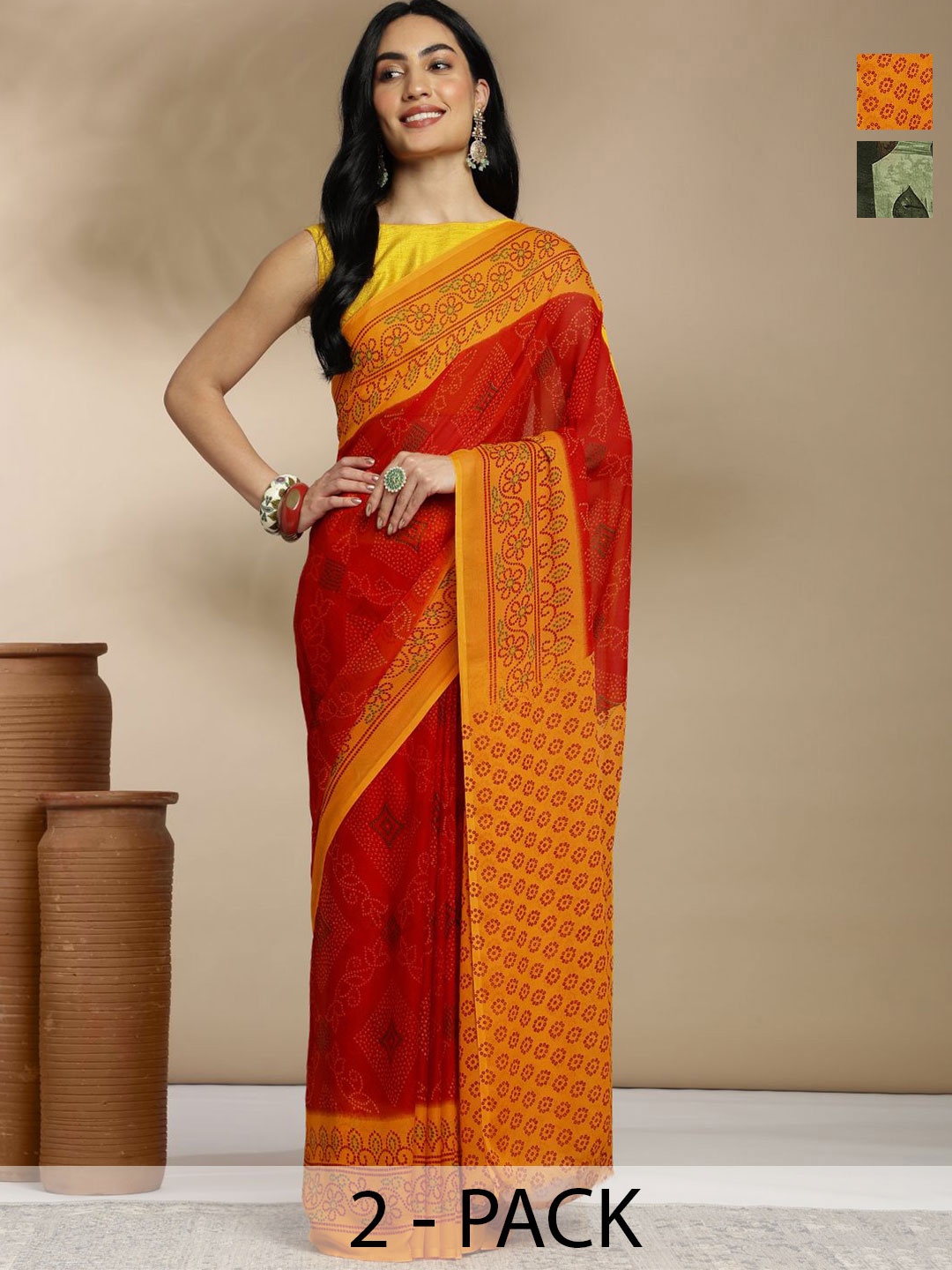 

Anouk Rustic Pack Of 2 Ethnic Motifs Printed Saree, Red