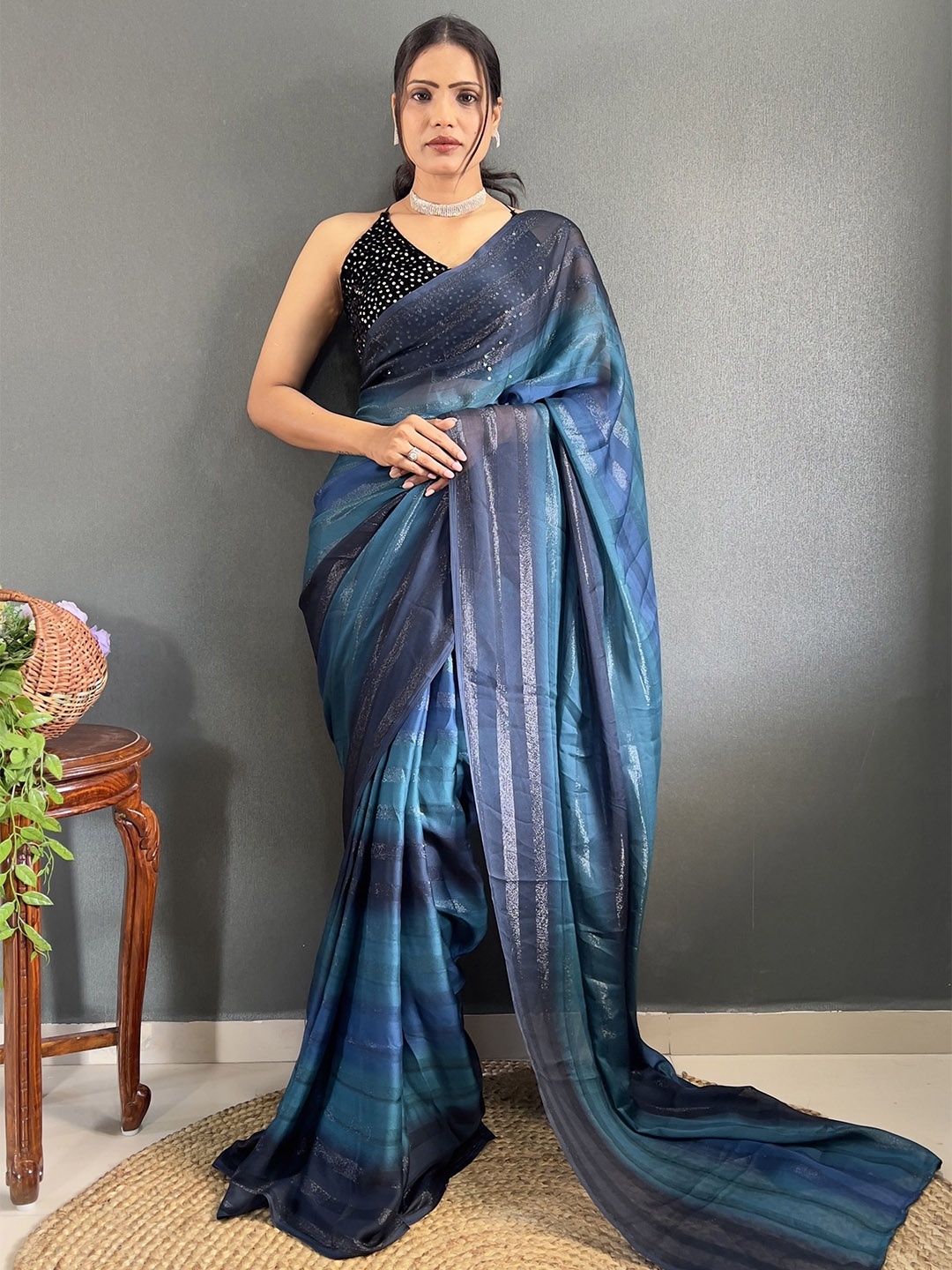 

Moda Rapido Striped Pure Georgette Saree, Blue