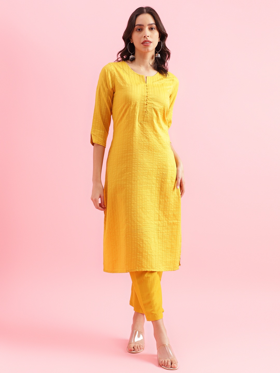 

Fourleaf Women Striped Regular Thread Work Kurta with Trousers, Yellow