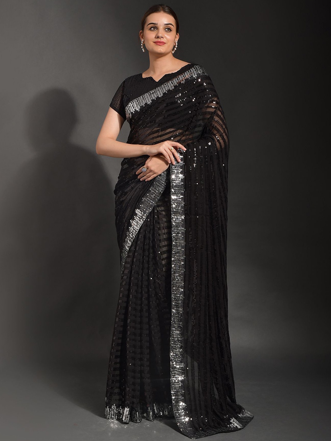 

Moda Rapido Embellished Sequinned Pure Georgette Saree, Black