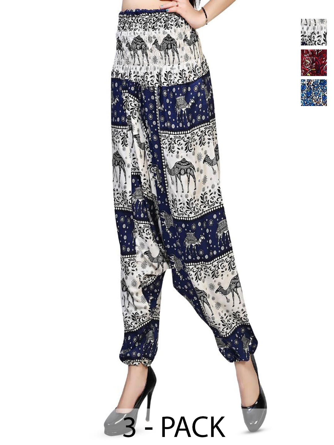 

NarNari Women Pack Of 3 Ethnic Motifs Printed Mid-Rise Harem Pants, Red