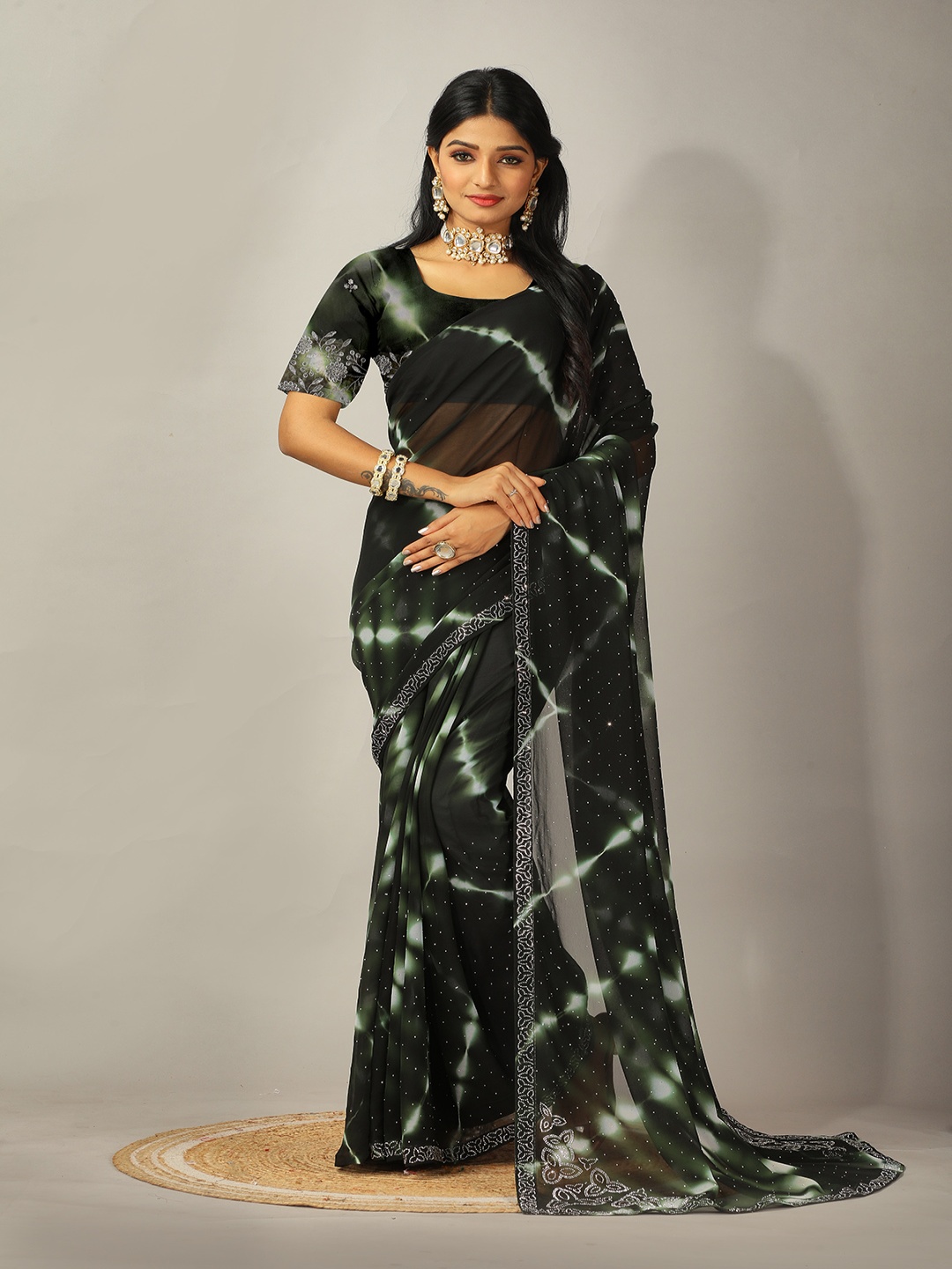 

NIRMAL CREATION Tie and Dye Beads and Stones Pure Georgette Saree, Green
