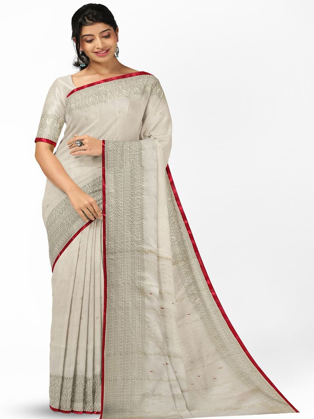 

BALARAM SAHA Ethnic Motifs Zari Pure Cotton Saree, Off white