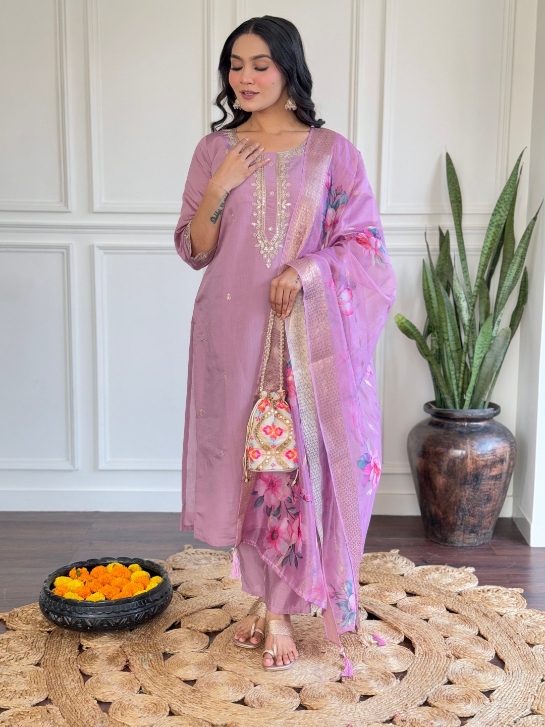 

KALINI Floral Embroidered Zari Chanderi Silk Straight Kurta With Trousers And Dupatta, Purple