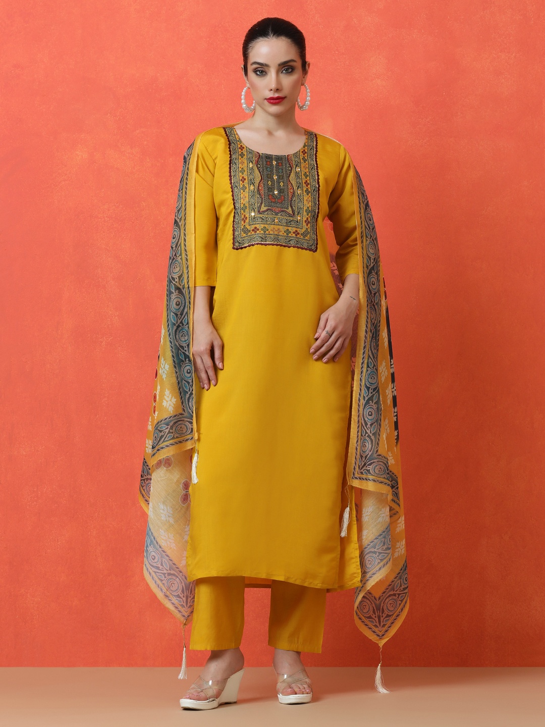 

Jaipur Kurti Ethnic Motifs Printed Miror Work Straight Kurta With Trousers And Dupatta, Yellow