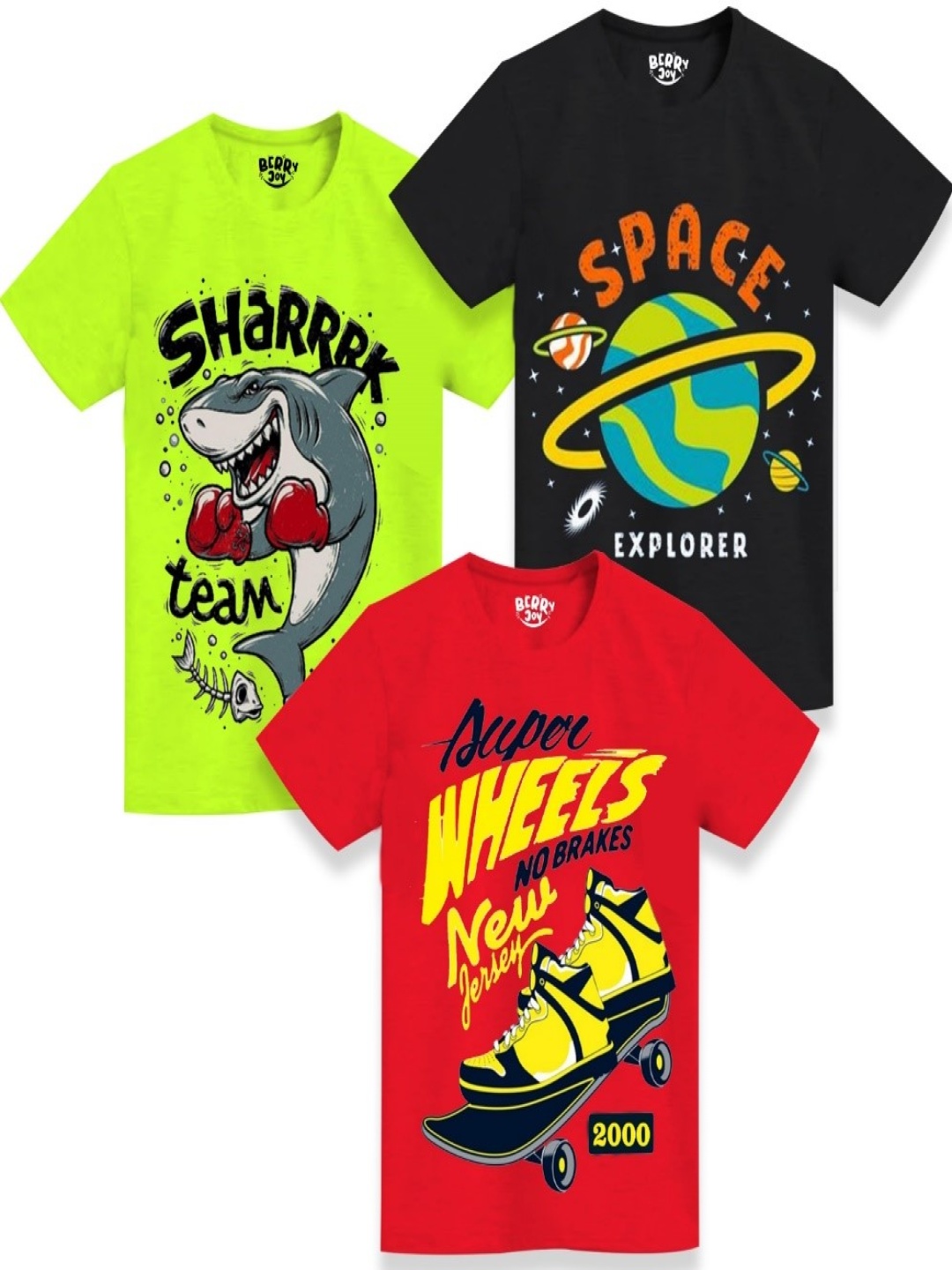 

BERRYJOY Boys Pack Of 3 Typography Printed Round Neck Cotton T-shirts, Lime green